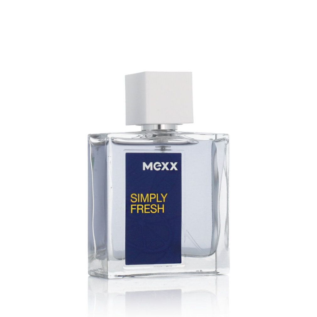 Mexx Simply Fresh Eau de Toilette Spray. Transparenter Flakon mit weißem Verschluss. Blaues Etikett mit Produktnamen. Quadratische Form.