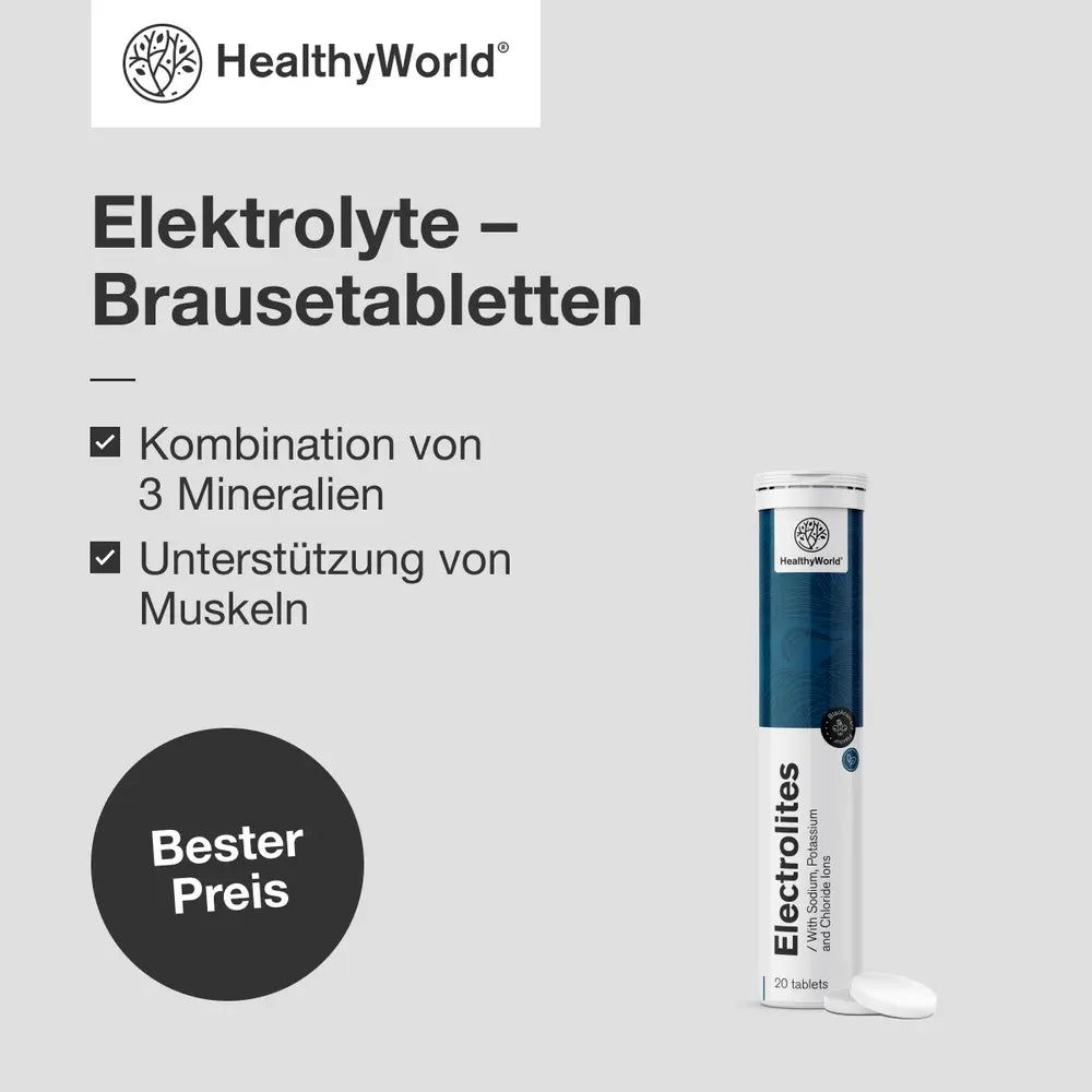 HealthyWorld Elektrolyt-Brausetabletten-Tube mit 20 Tabletten.