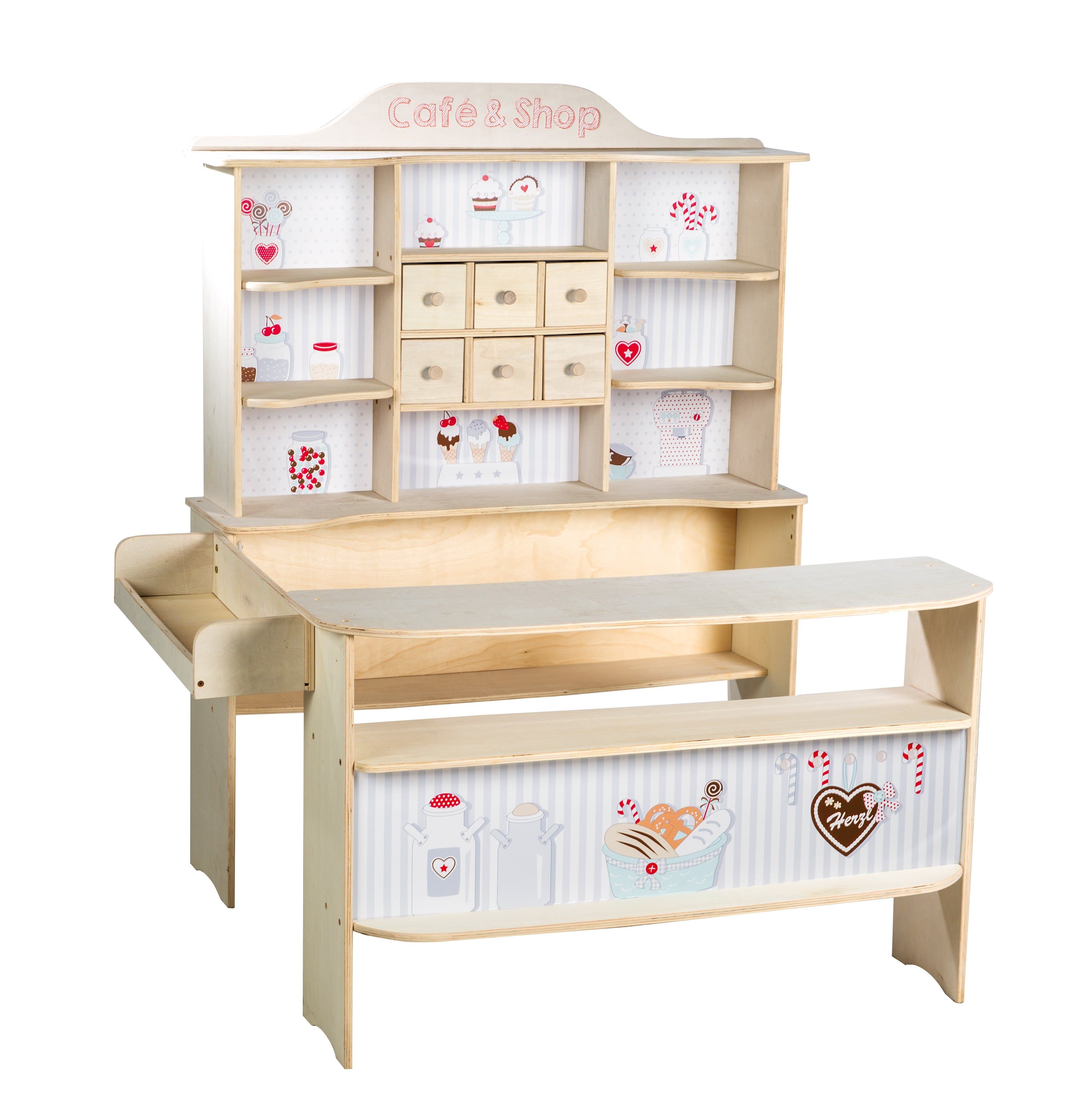 Gesamtansicht des Verkaufsstands aus Holz mit Theke, Regalen und Schubladen. Aufschrift "Café & Shop".