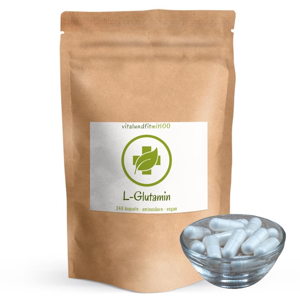 Braune Tüte mit weißem Etikett. Aufschrift: vitalundfitmit100, L-Glutamin, 240 Kapseln. Daneben eine Glasschale mit Kapseln.