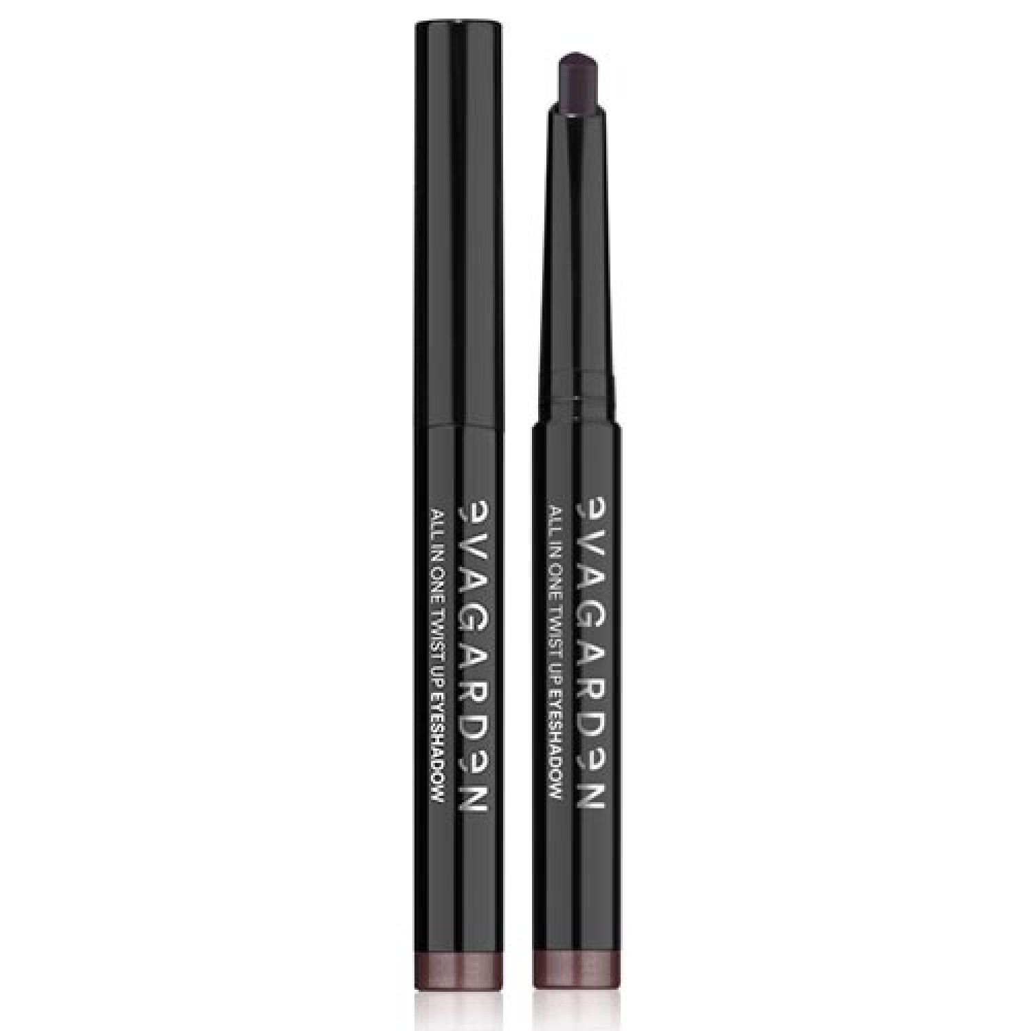 Stift-Lidschatten, geschlossen und offen. Schwarze Hülse mit Produktbezeichnung. Dunkelvioletter Lidschatten.