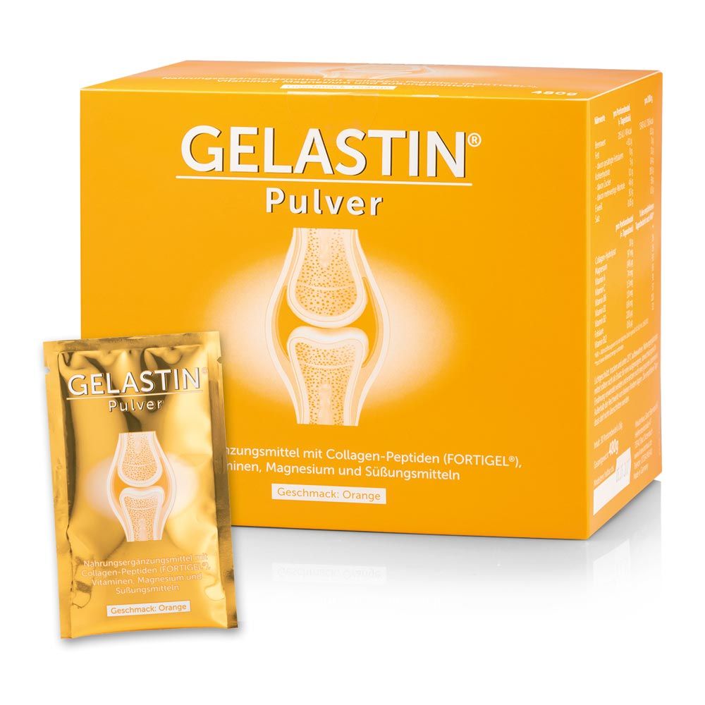 Gelbe Schachtel und Beutel mit "GELASTIN® Pulver"-Logo. Abbildung eines Knies. Beutel mit Produktlogo.