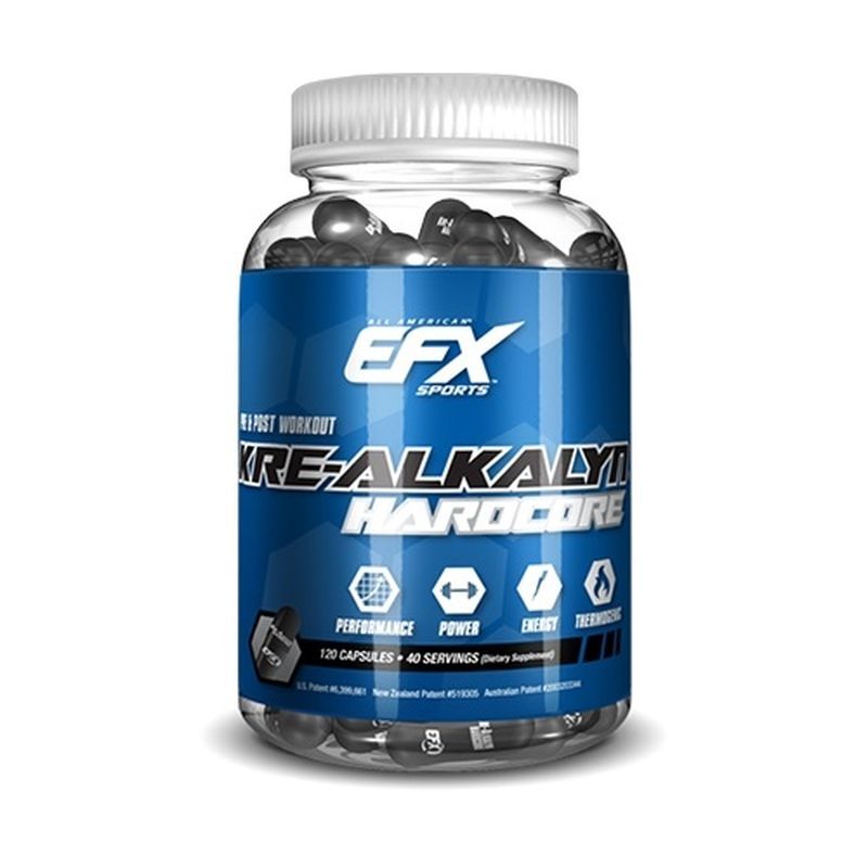 Klare Kunststoffflasche mit schwarzen Kapseln. Blaues Etikett mit weißer Schrift: EFX Sports Kre-Alkalyn Hardcore.