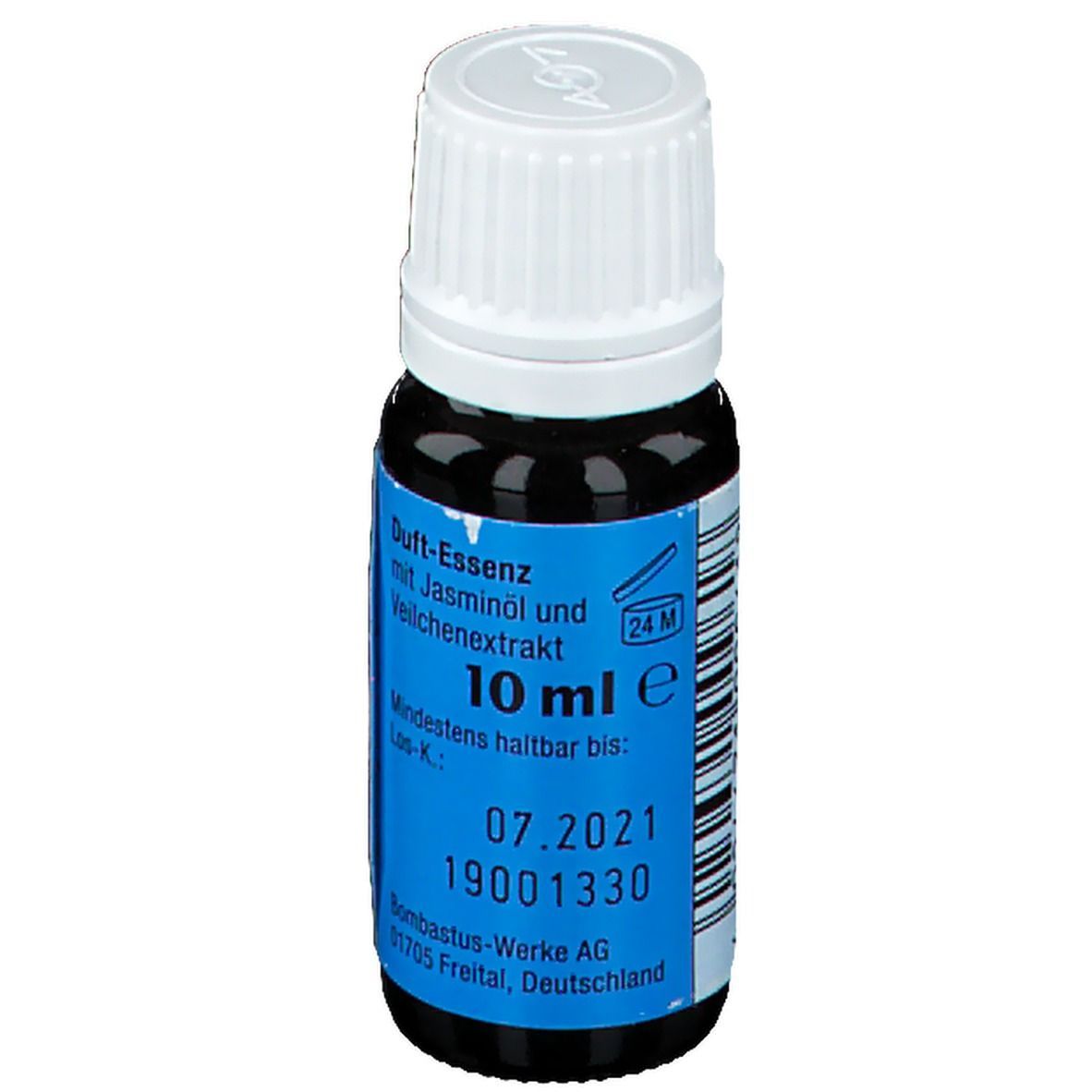 Braune Glasflasche mit weißem Deckel. Blaues Etikett mit Produktinformationen. "Duft-Essenz" und "10 ml e" deutlich sichtbar.