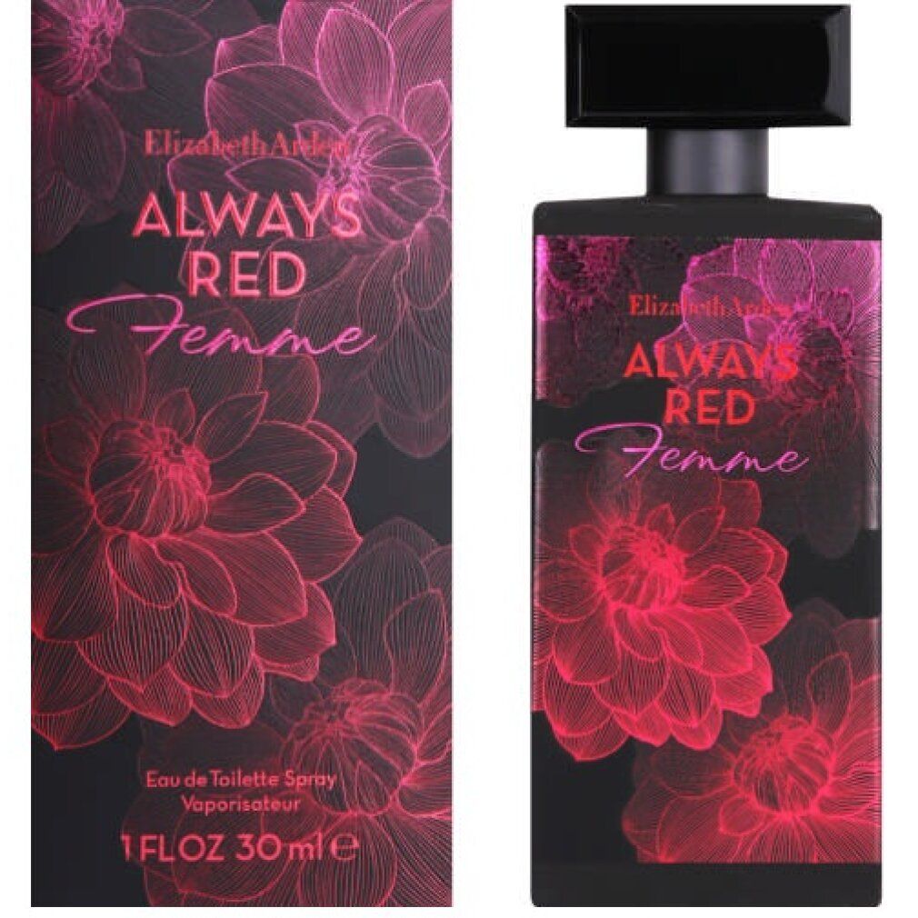 Schwarzer Flakon und Verpackung mit rotem Blumendesign. Text: Always Red Femme, Elizabeth Arden. Eau de Toilette Spray.
