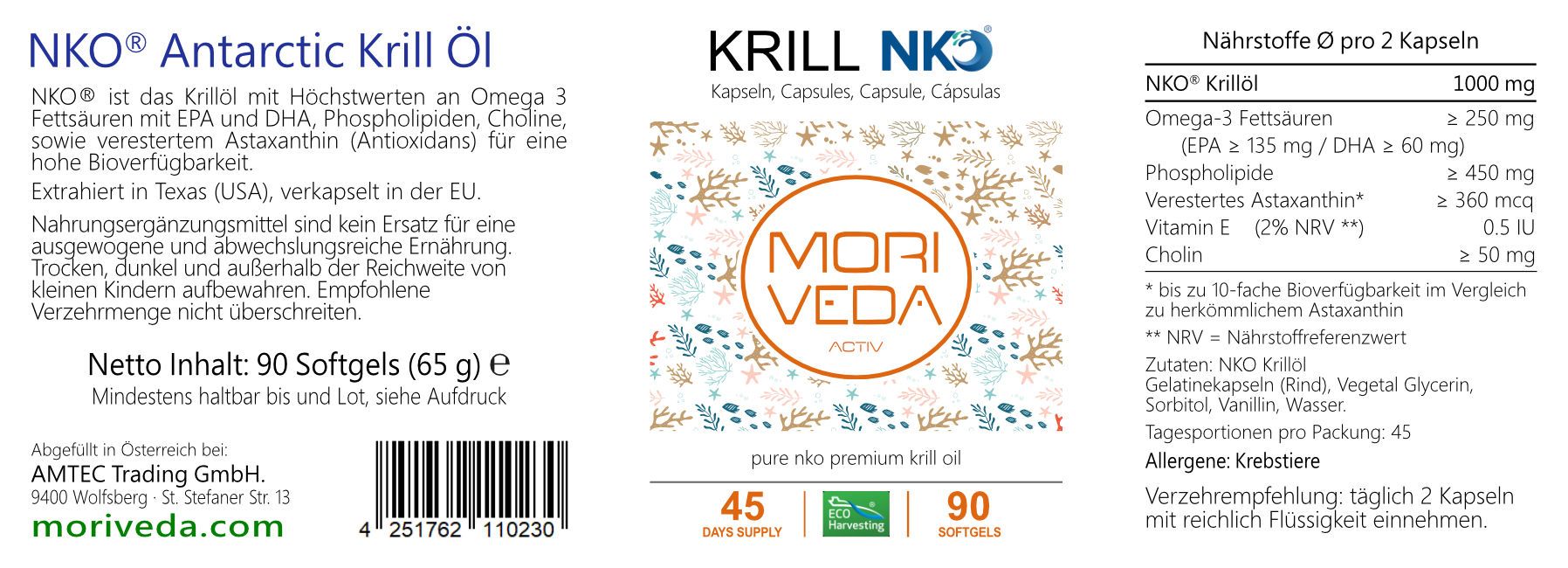 Etikett mit Produktinformationen. Text: NKO Antarctic Krill Öl, 90 Softgels. Nährwertangaben. Logo: Eco Harvesting.