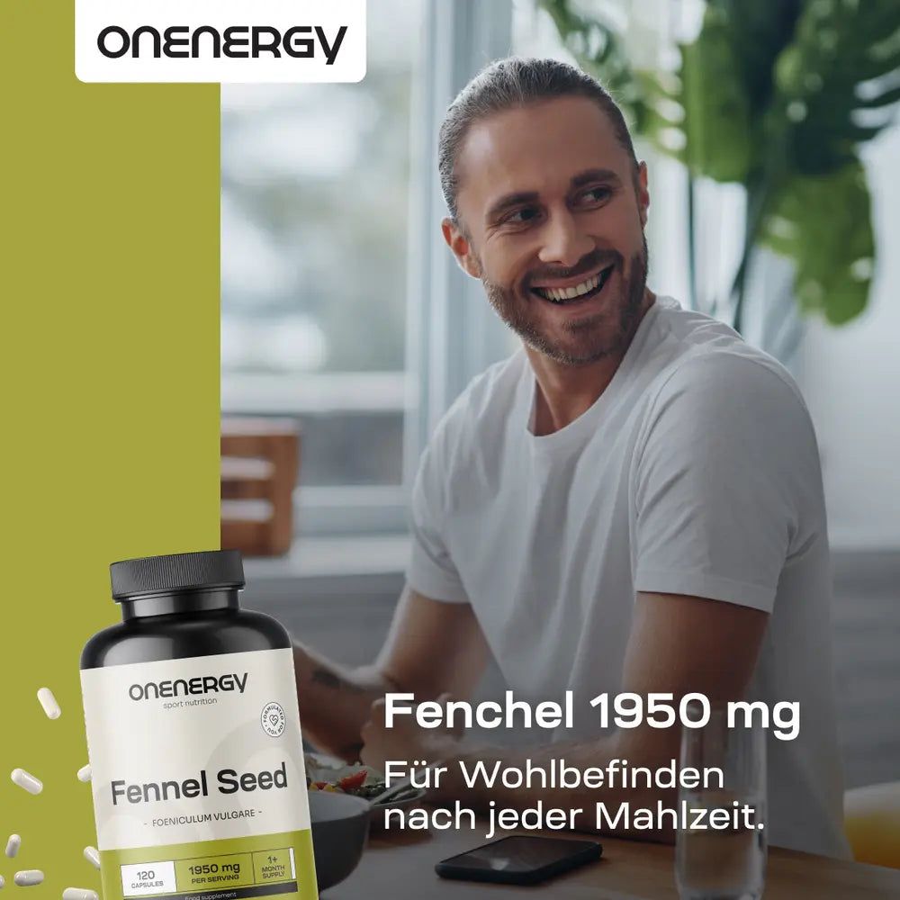 Mann sitzt am Tisch mit ONENERGY Fenchelsamen-Dose. 1950 mg für Wohlbefinden nach dem Essen.