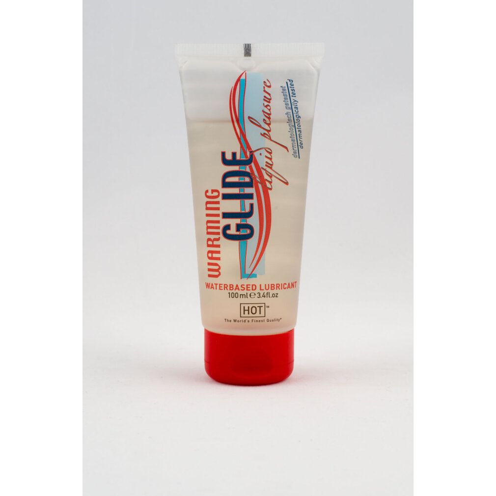 Transparente Tube mit rotem Verschluss. Beschriftung: WARMING GLIDE, waterbased lubricant, 100ml.