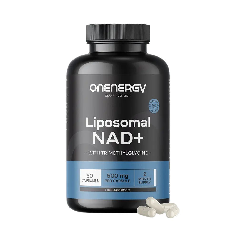 Schwarze Flasche mit Kapseln. Aufschrift: Liposomales NAD+ mit Trimethylglycin. 60 Kapseln, 500 mg pro Kapsel.
