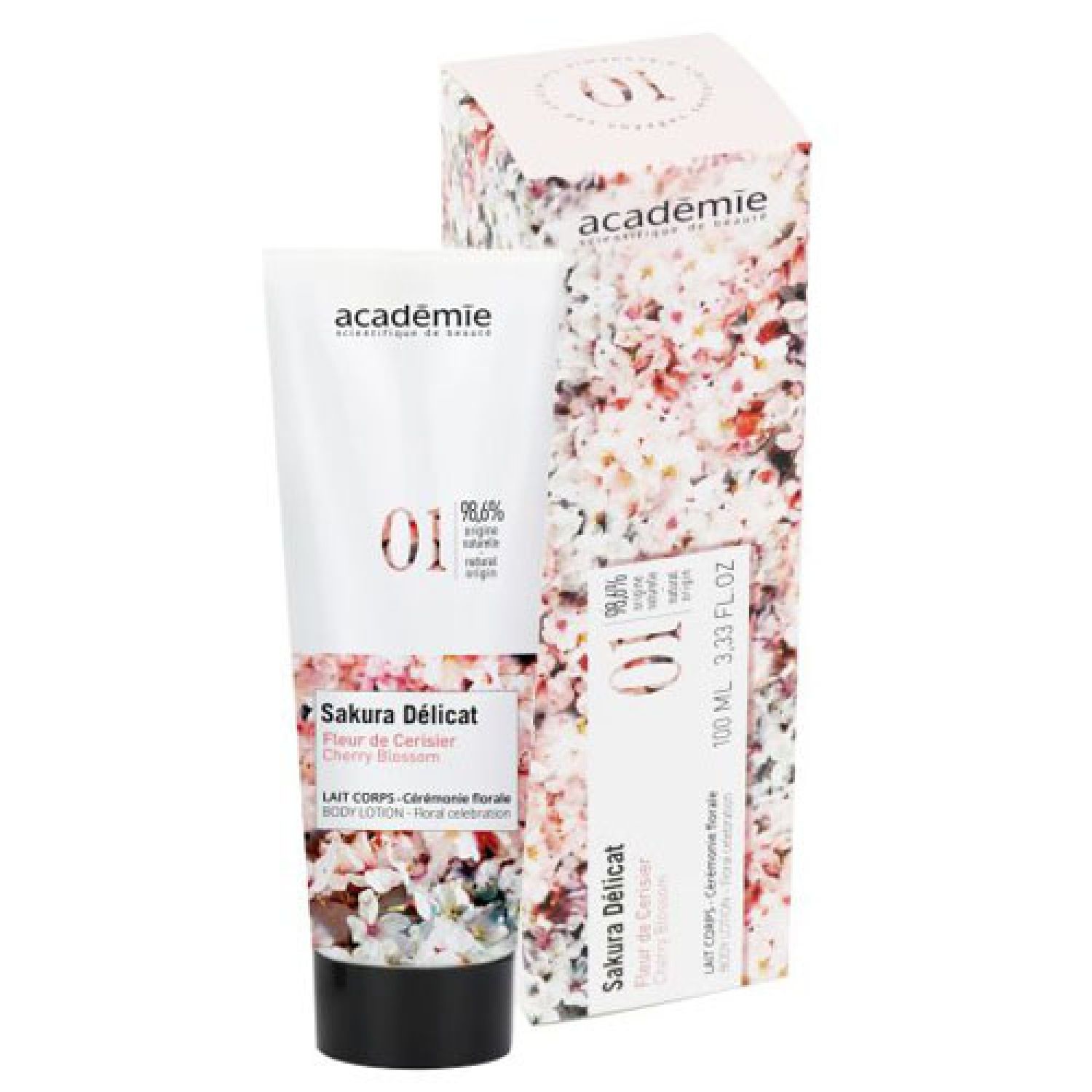 Weiße Tube und Schachtel mit Kirschblütenmuster. Auf der Tube steht "académie" und "01". Produktname: Sakura Délicat, Fleur de Cerisier, Cherry Blossom.