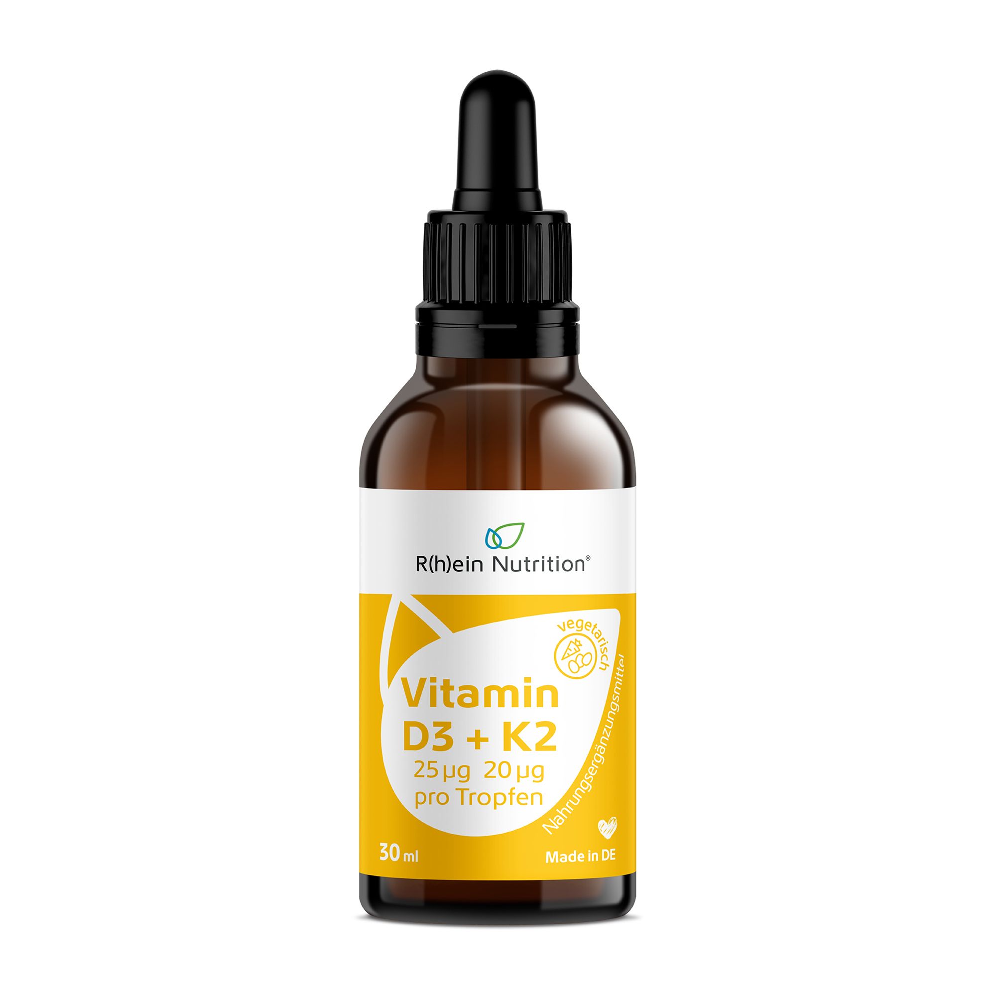 Braune Glasflasche mit Tropfer. Etikett mit "R(h)ein Nutrition" und "Vitamin D3 + K2". Vegan-Siegel.