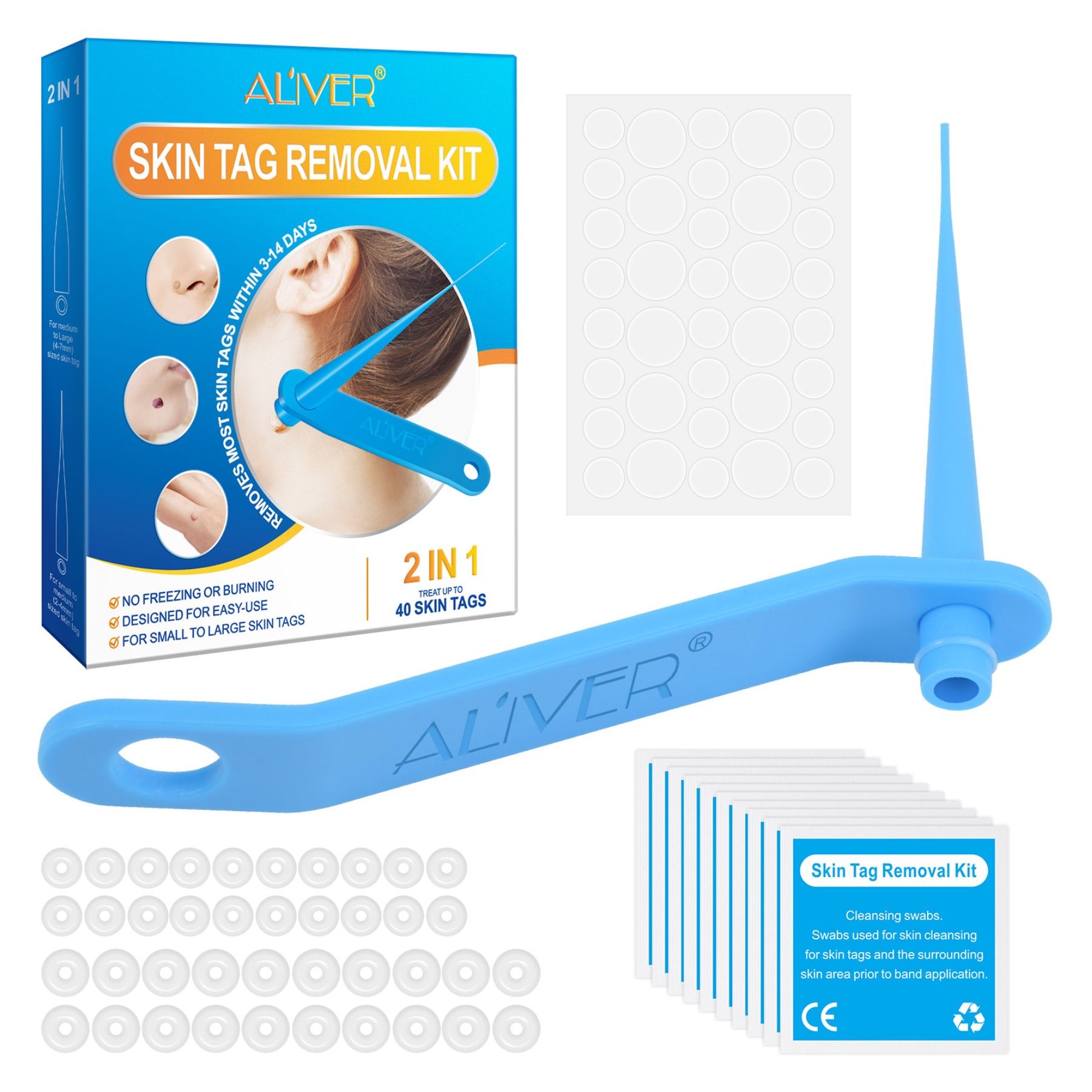 Produktverpackung mit Zubehör. Enthält einen blauen Applikator, Bänder, Reinigungstücher und Pflaster. Marke: ALIVER. 2-in-1 Skin Tag Removal Kit.