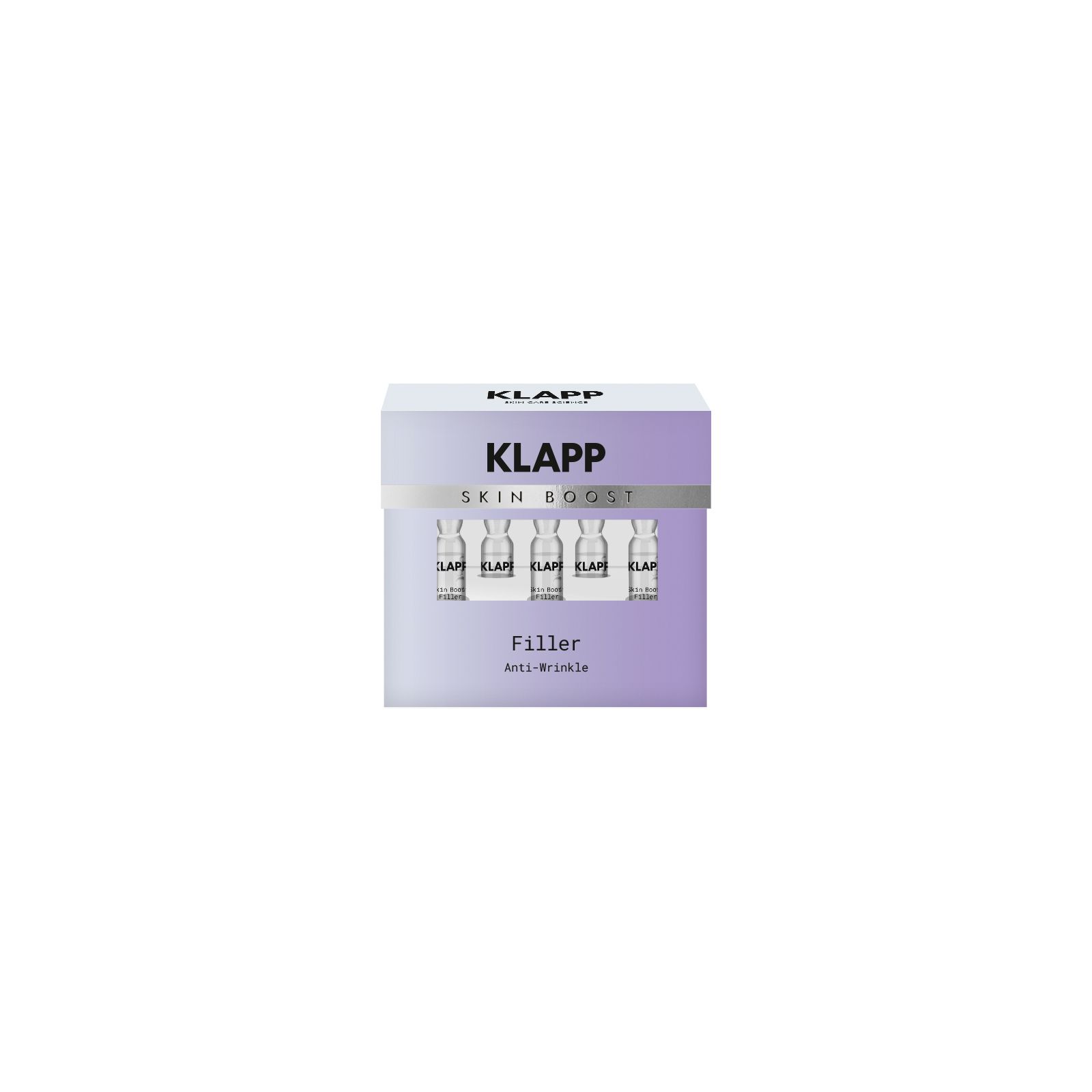 Verpackung mit Ampullen. Aufschrift: KLAPP SKIN BOOST Filler Anti-Wrinkle. Sechs Ampullen sind sichtbar.