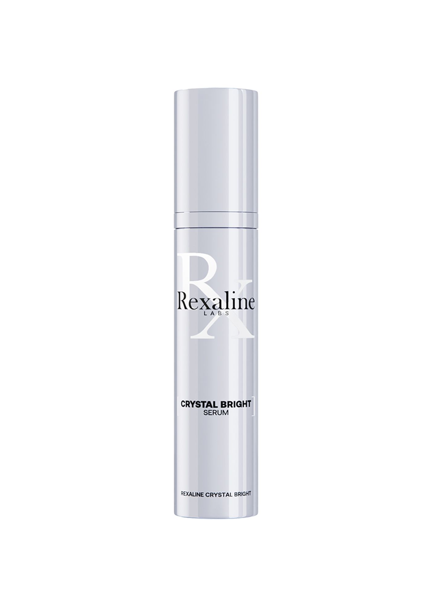 Zylindrische Flasche mit weißem Deckel. Aufschrift: Rexaline, Crystal Bright Serum. Silberfarbenes Design.