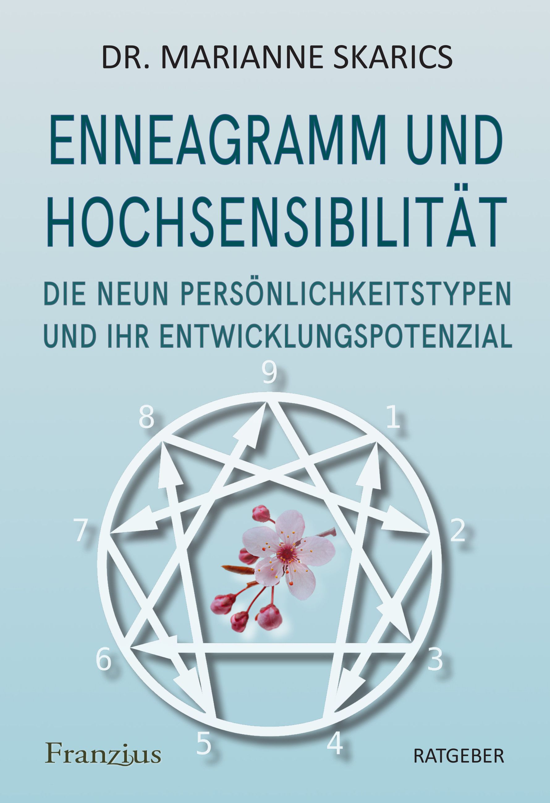 Buchcover: "Enneagramm und Hochsensibilität". Autorin: Dr. Marianne Skarics. Titel in Türkis. Enneagramm-Symbol mit Blüten.