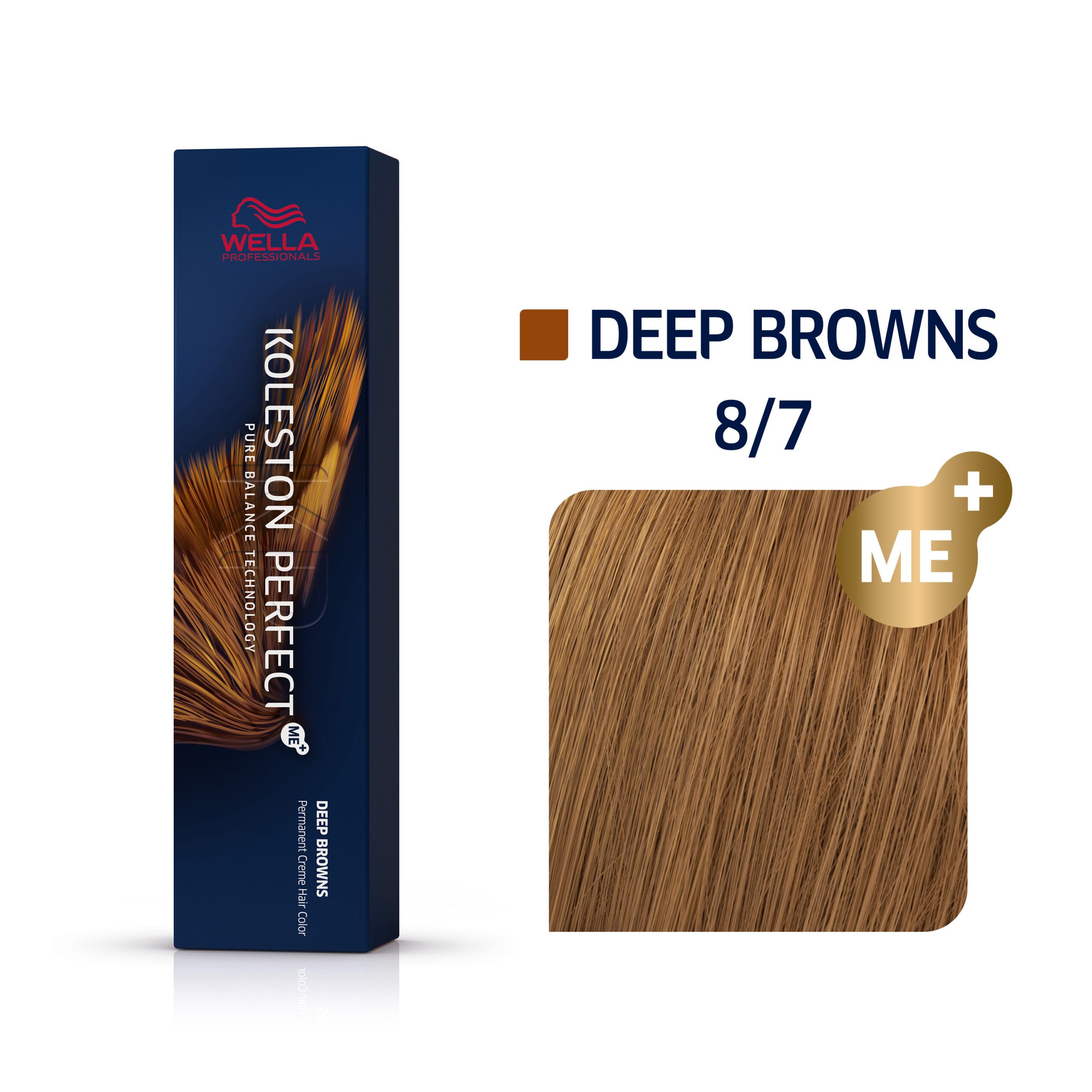 Dunkelblaue Verpackung, Produktname und Markenlogo. Farbkarte mit 'DEEP BROWNS 8/7'. Goldfarbenes 'ME+' Symbol.