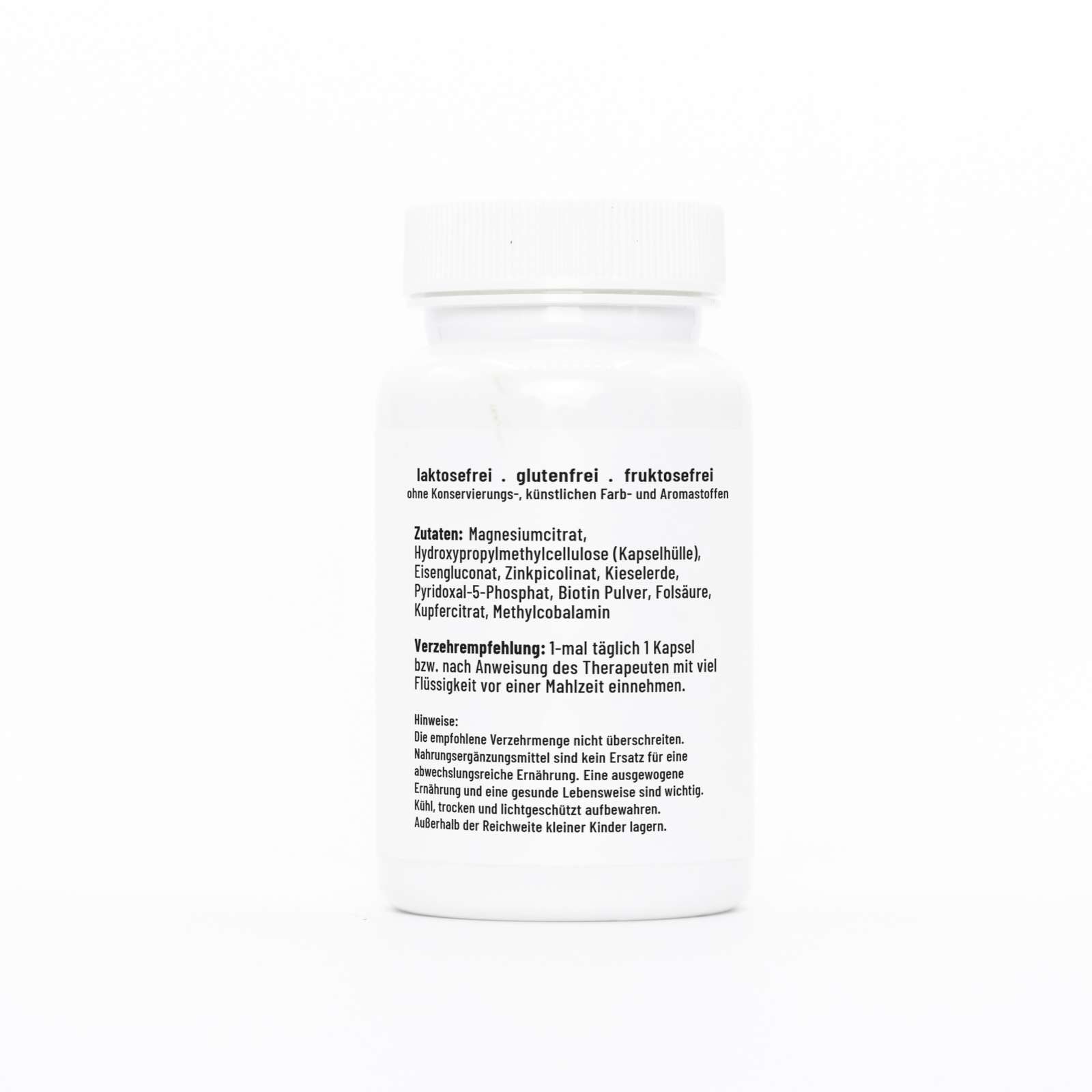 Rückseite der weißen Flasche. Text: laktosefrei, glutenfrei, fruktosefrei. Zutaten: Magnesiumcitrat, Hydroxypropylmethylcellulose.