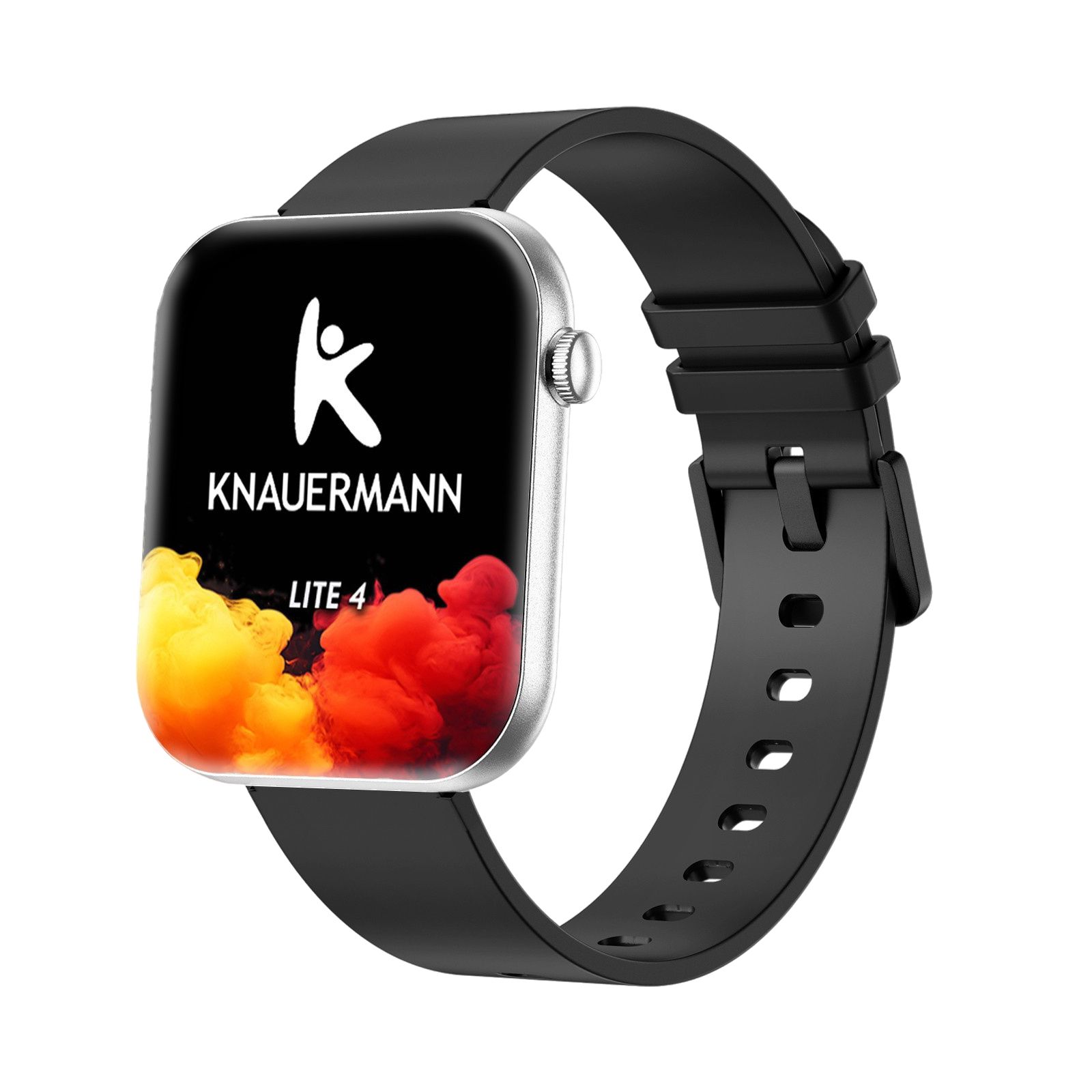 Smartwatch mit schwarzem Armband. Display mit Logo und Schriftzug: Knauermann Lite 4. Gehäuse silberfarben.