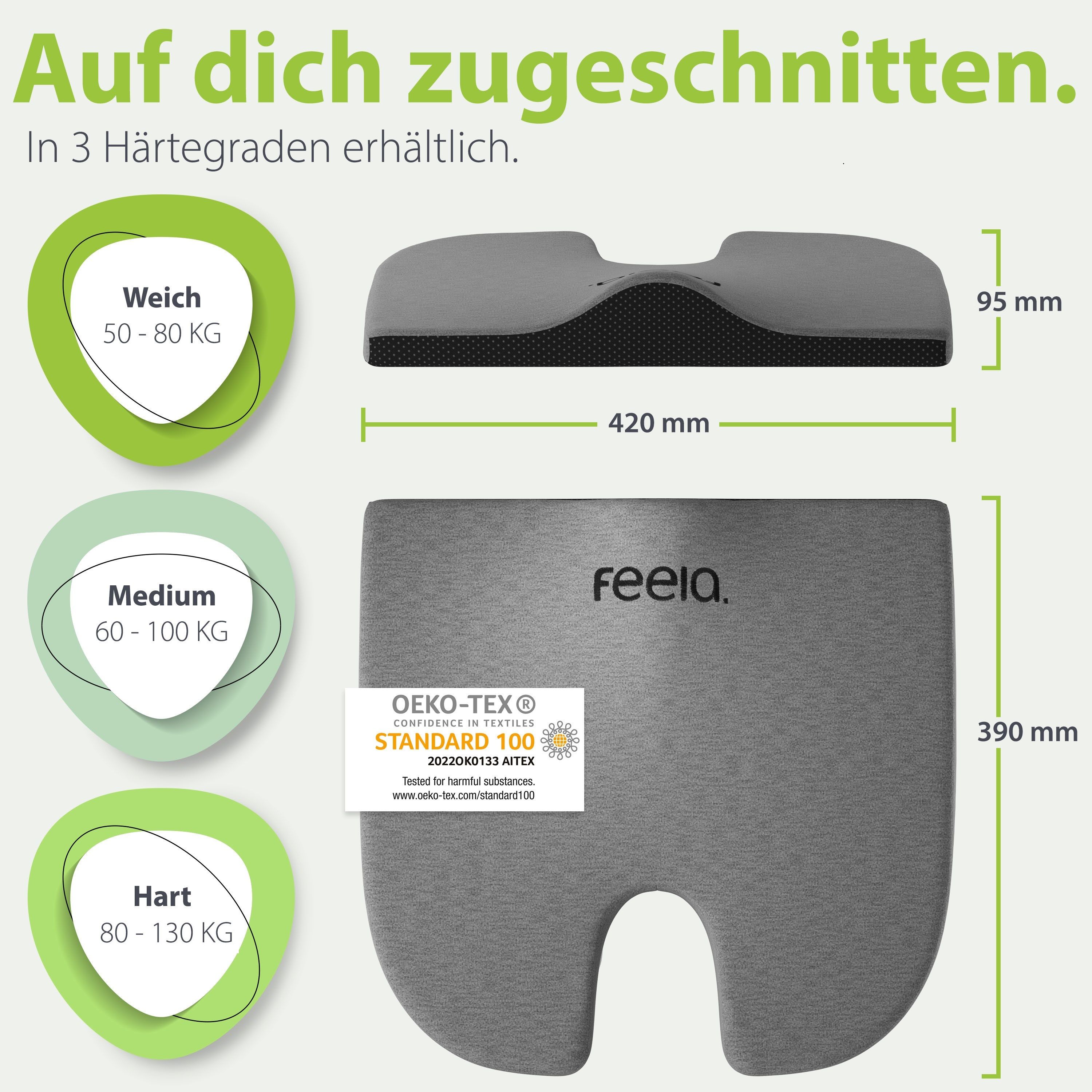 Graues Keilkissen mit Maßen. Text: In 3 Härtegraden erhältlich. Maße: 420x390x95 mm. Marke: feela. Zertifizierung: OEKO-TEX STANDARD 100.