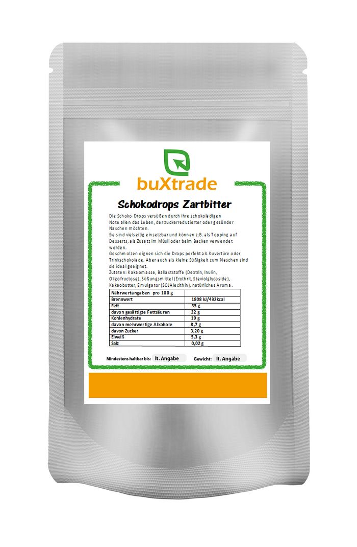 Beutel mit Schokodrops Zartbitter. Aufdruck mit Nährwertangaben und Marke buXtrade. Grün-weiße Verpackung.
