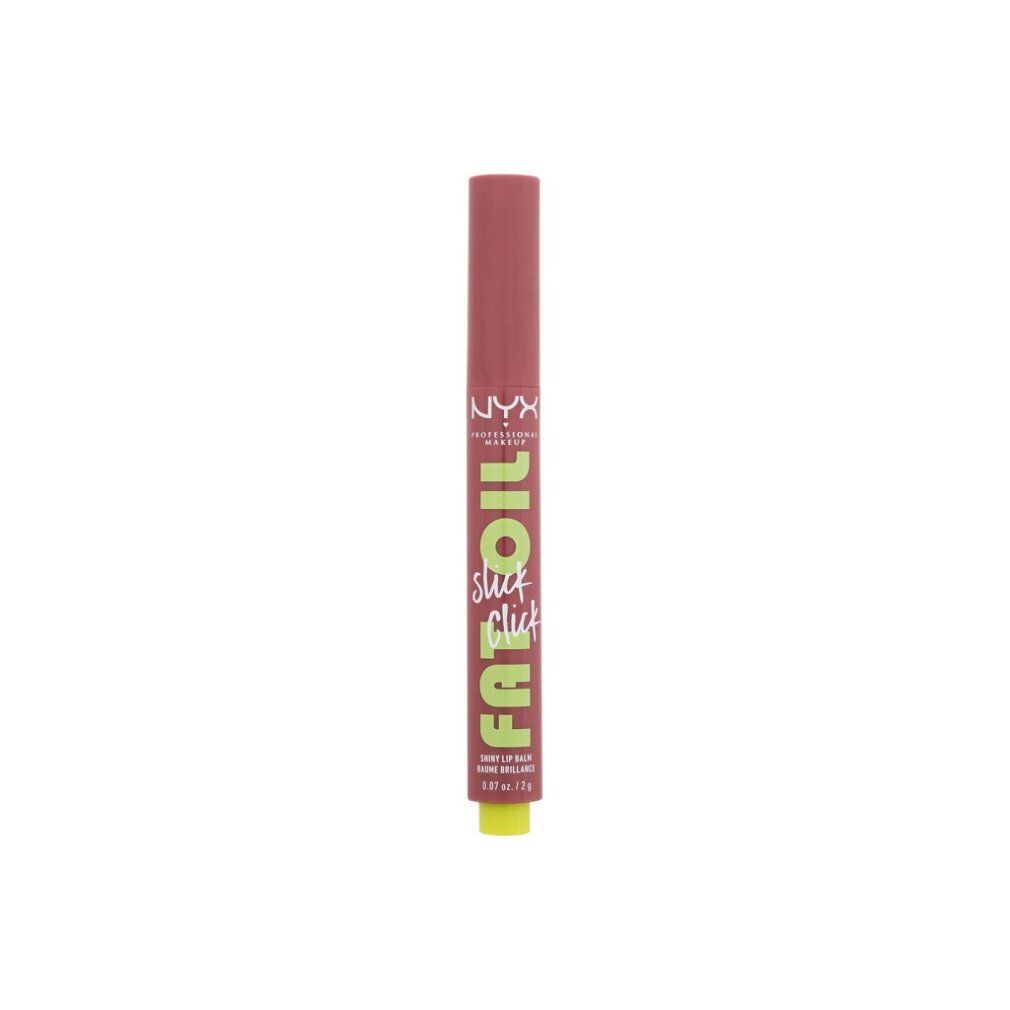 Lippenbalsam-Stift. Rosafarbener Stift mit grüner Spitze. Aufschrift: FAT OIL slick click. Marke: NYX Professional Makeup.