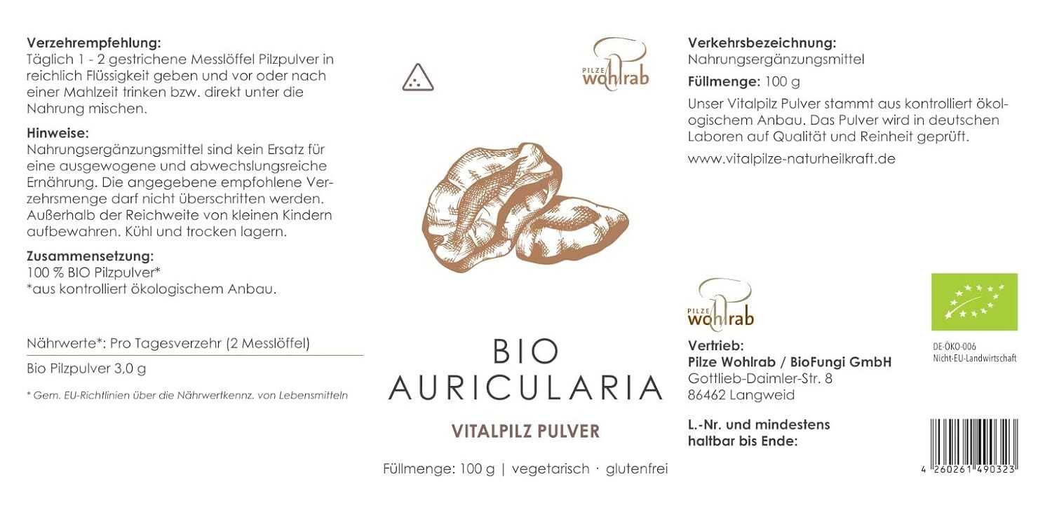 Etikett mit Informationen zu BIO Auricularia Vitalpilz Pulver. Aufschrift: 100% BIO Pilzpulver, 100 g, vegan, glutenfrei.