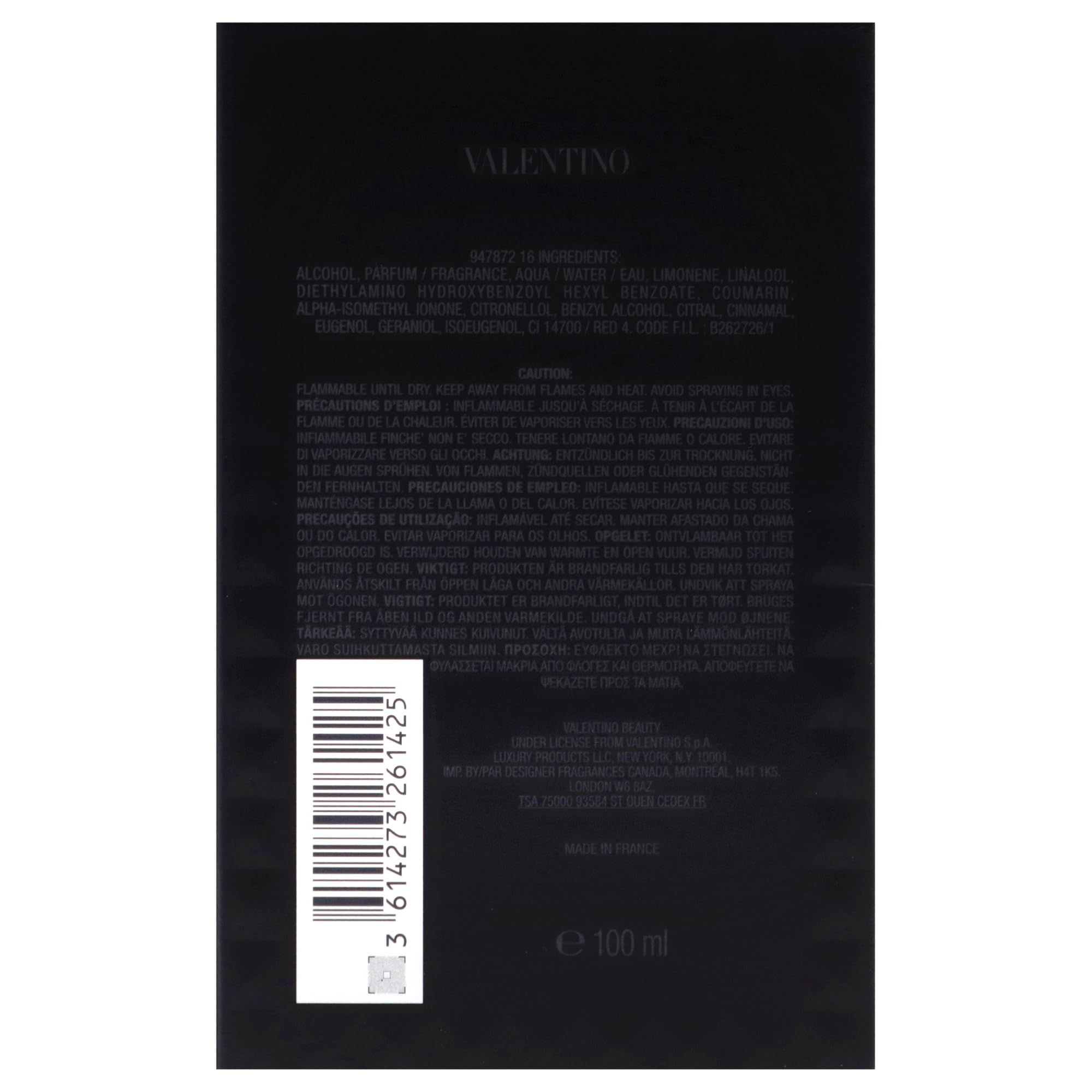 Rückseite der Schachtel. Text mit Inhaltsstoffen und Vorsichtshinweisen. E 100 ml.