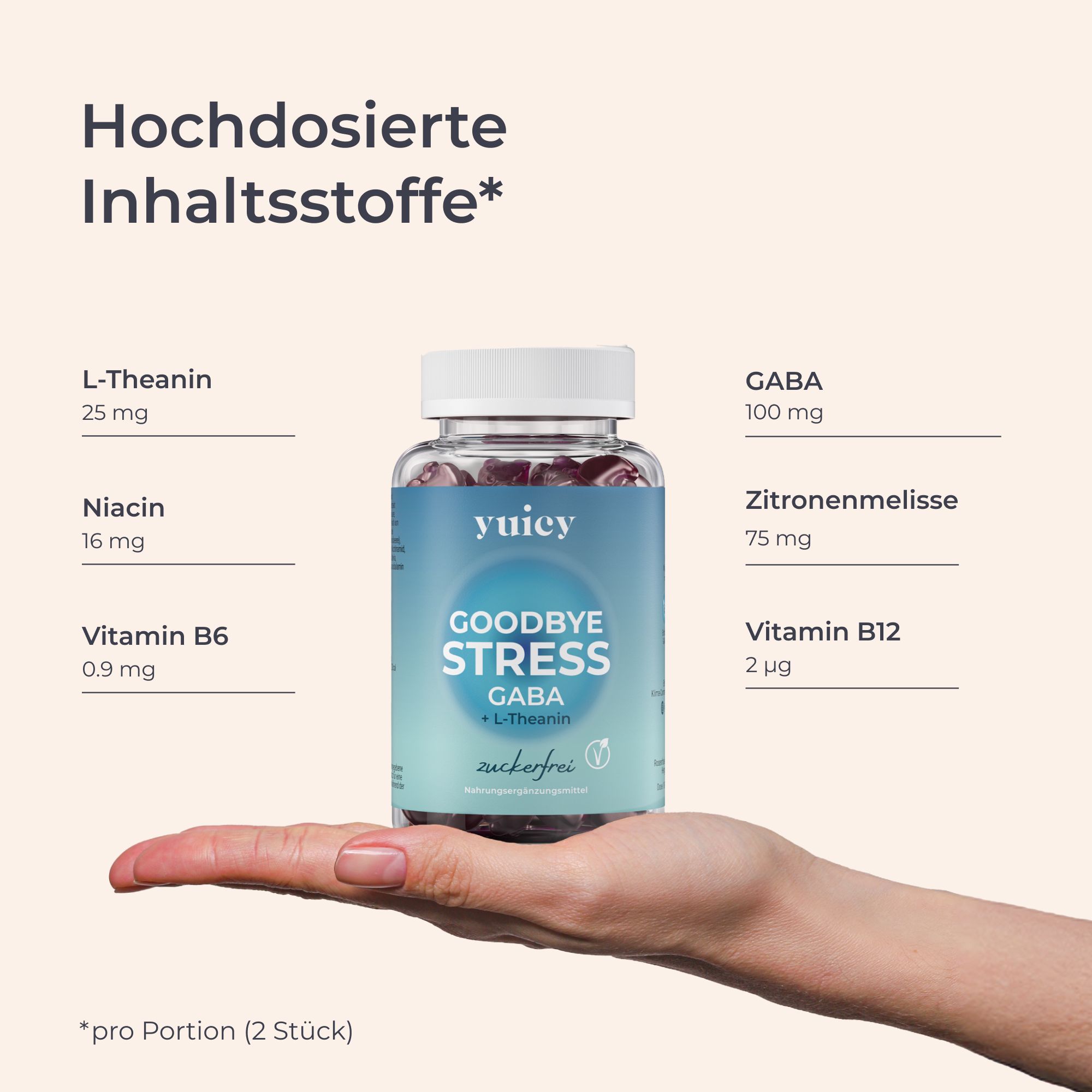 Hand hält Dose mit Gummibärchen. Text: L-Theanin, Niacin, Vitamin B6, GABA, Zitronenmelisse, Vitamin B12.
