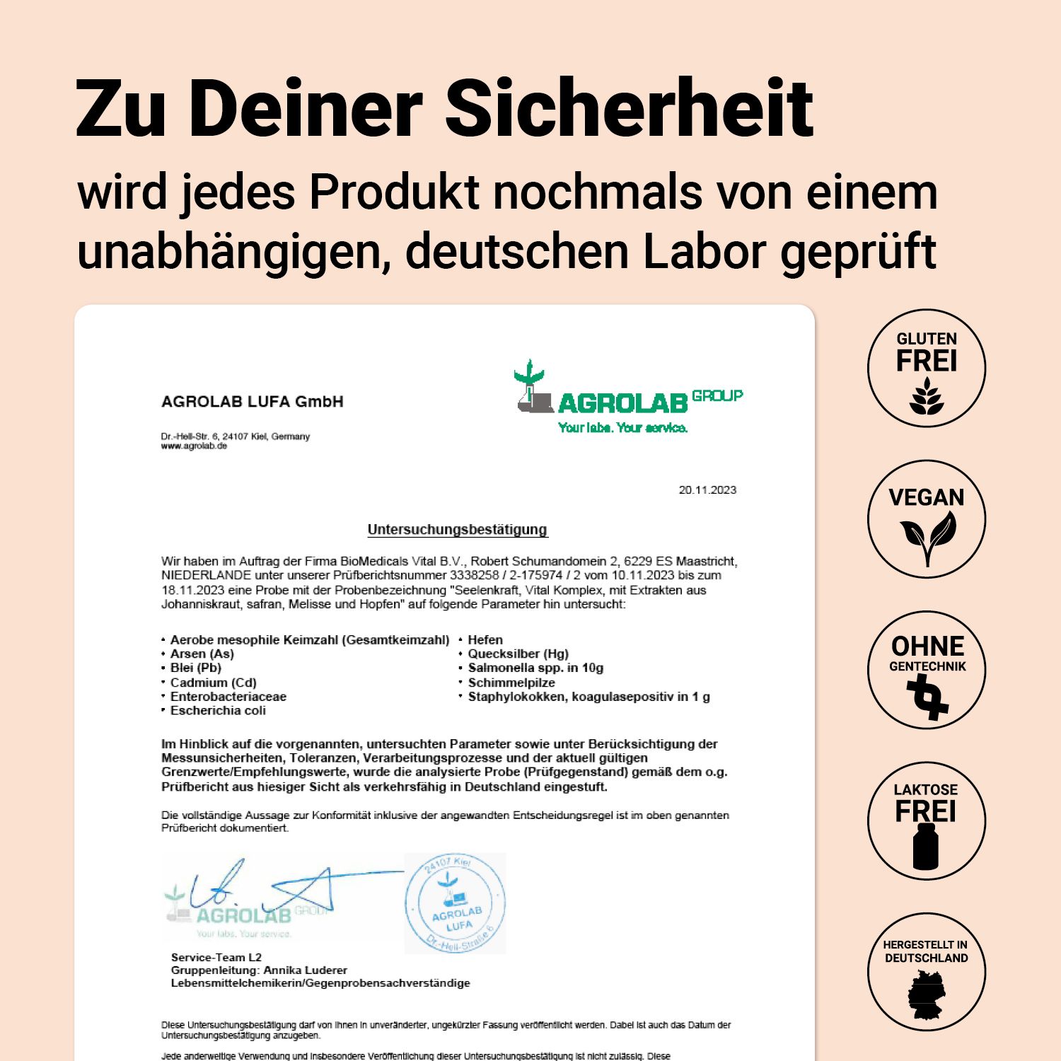 Zertifizierungen: Glutenfrei, Vegan, Ohne Gentechnik, Laktosefrei, Hergestellt in Deutschland. Laborbericht von AGROLAB LUFA GmbH.