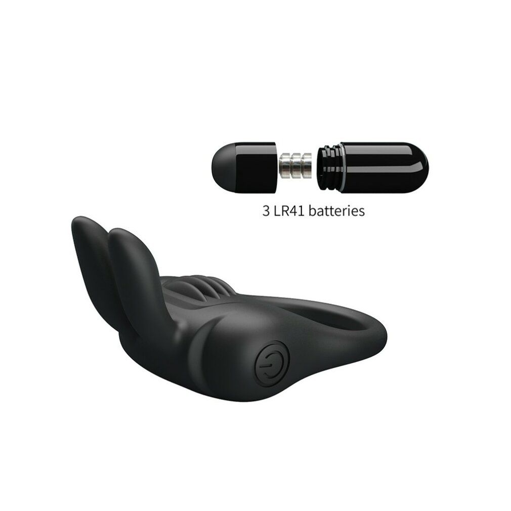 Schwarzer Penisring mit Hasenohren und Vibrator. Vibrator mit Batterien. Aufschrift: 3 LR41 batteries.