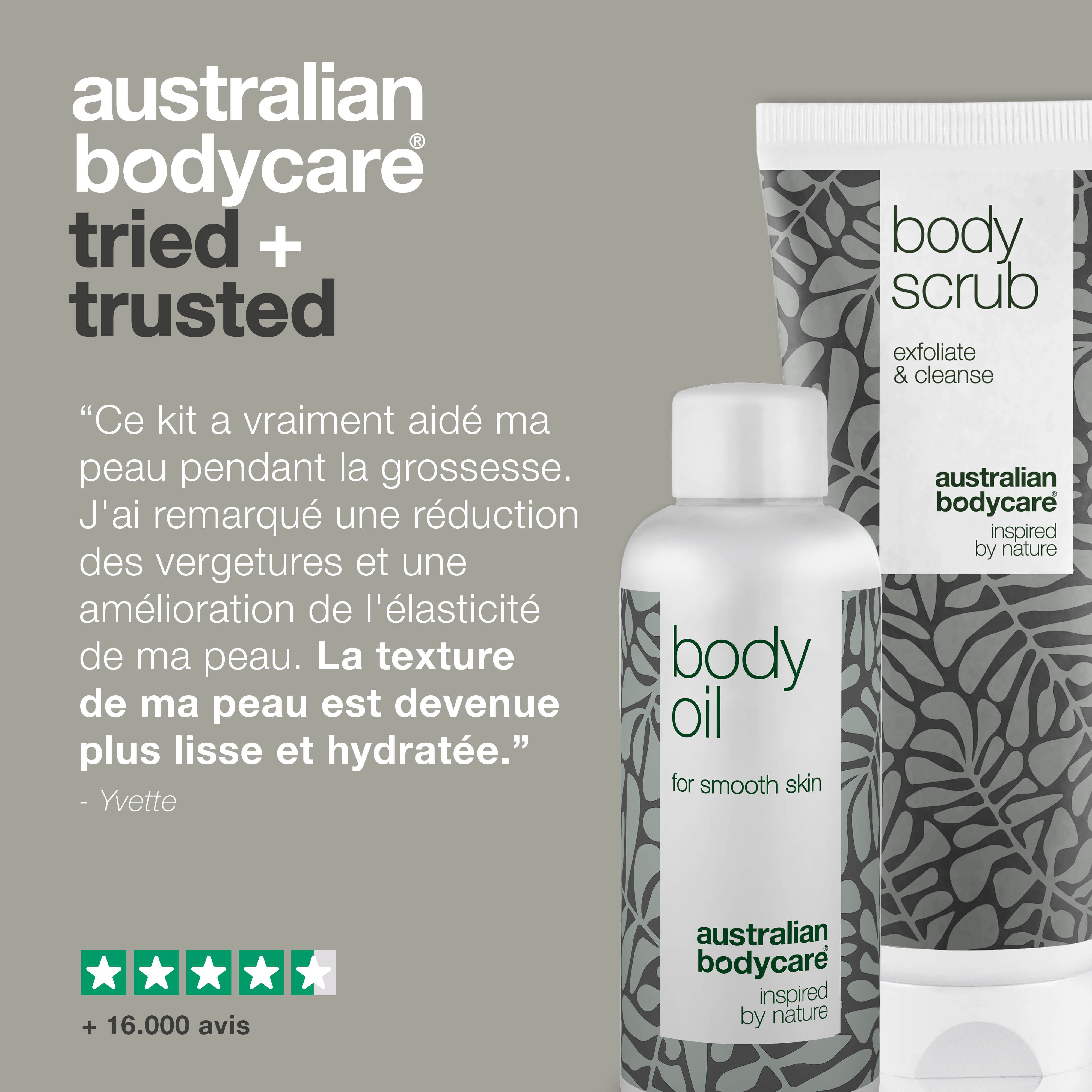 Pourquoi Australian Bodycare ? Produits et avantages. Inscriptions : Body Oil, Body Scrub, Australian Bodycare.