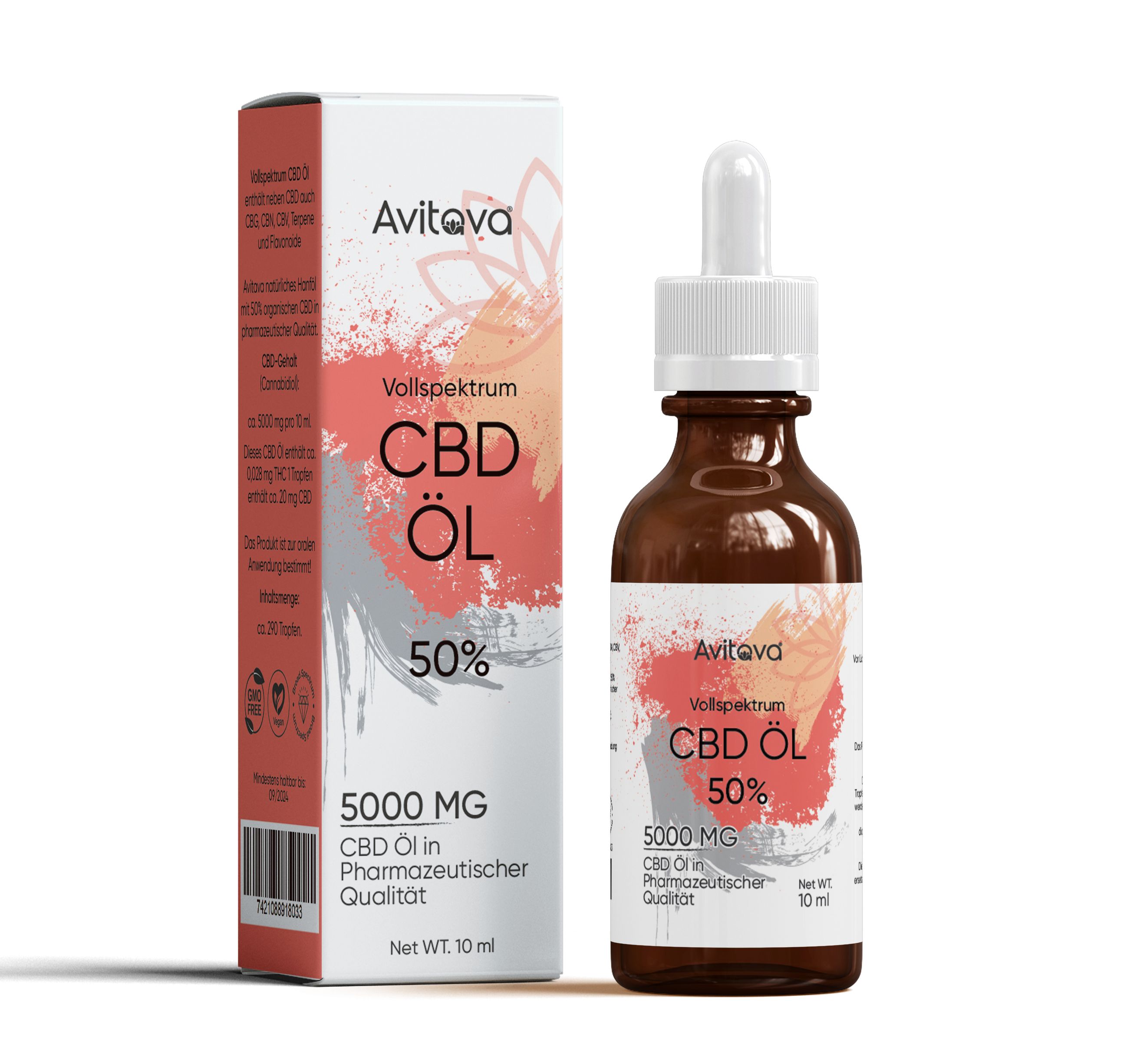 Braune Glasflasche und Schachtel mit Aufschrift "Avitava CBD Öl 50%". Tropfer und Verpackung mit Produktinformationen.