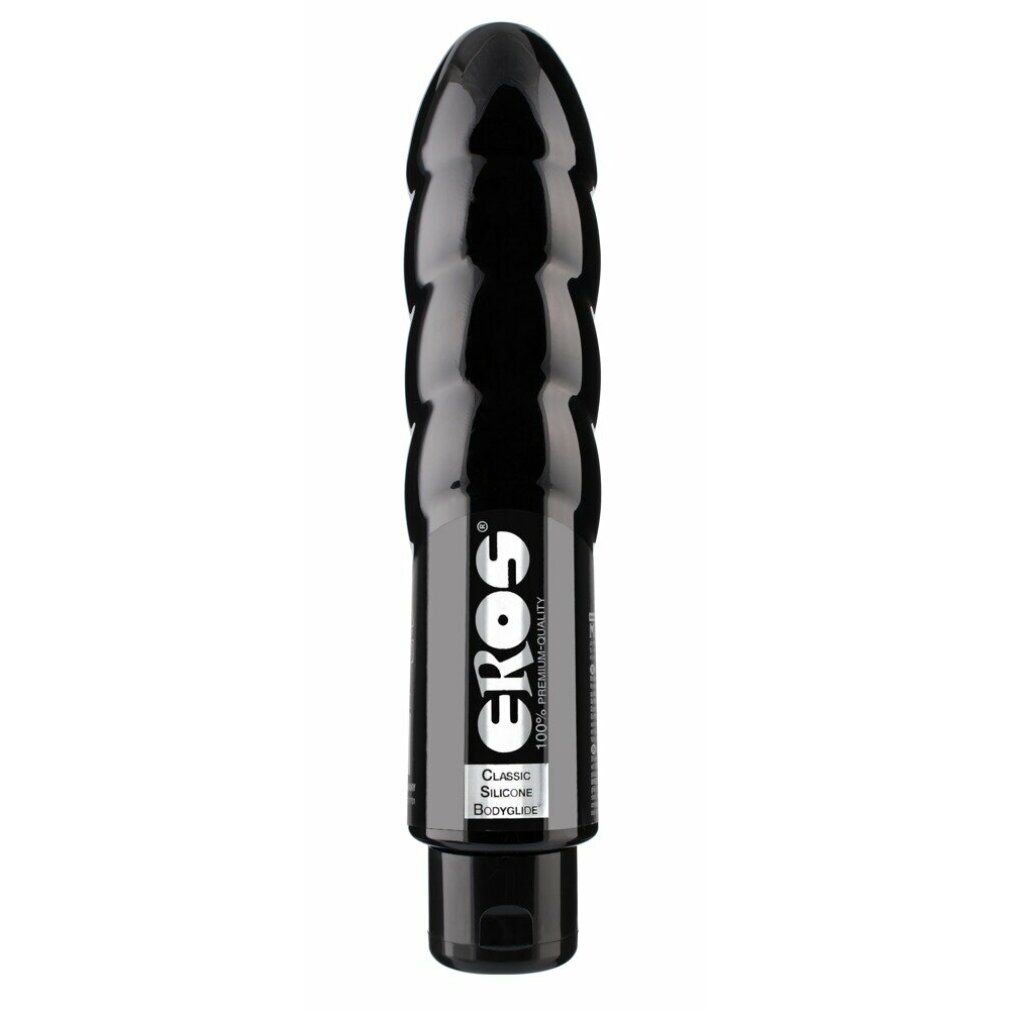 Schwarzes Produkt mit geriffelter Oberfläche. Aufschrift "Eros", "Classic Silicone Bodyglide".
