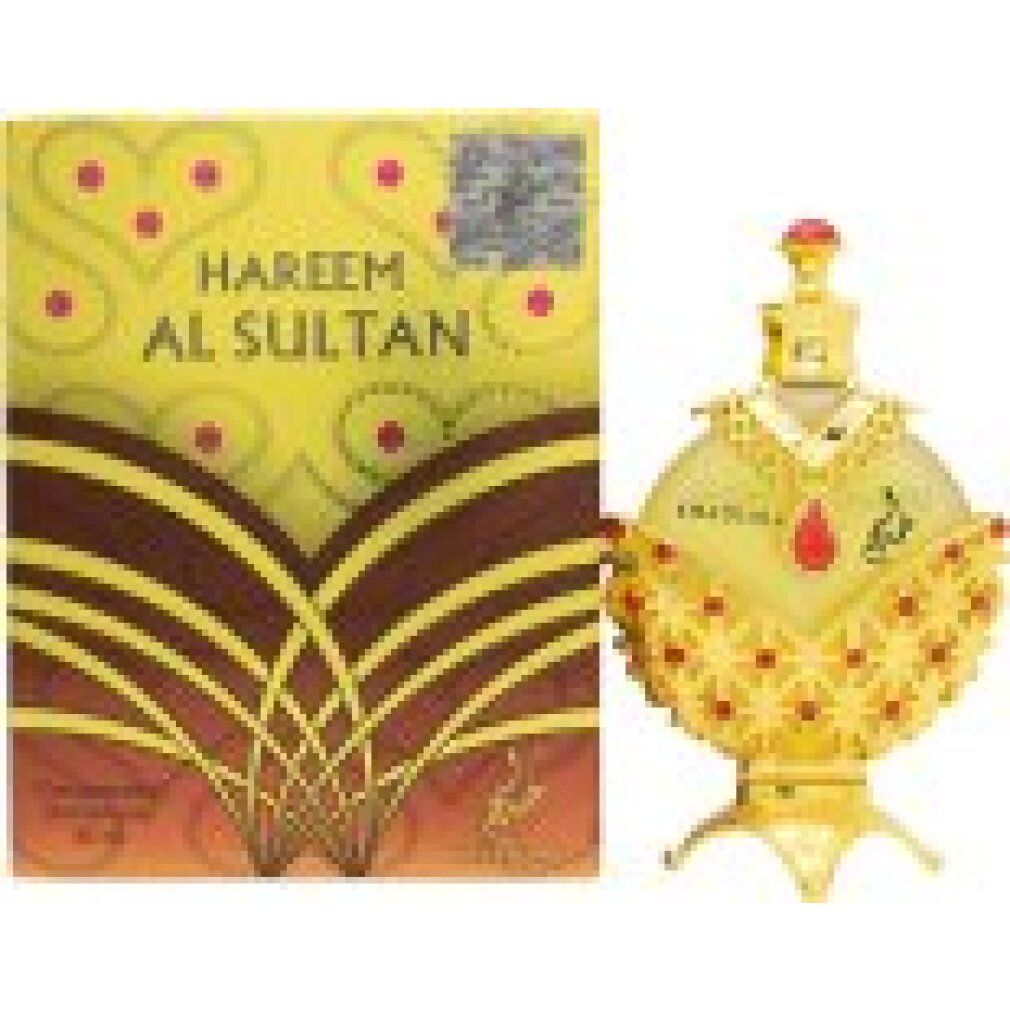 Goldfarbene Flasche mit rotem Schmuck und Karton. Aufschrift: HAREEM AL SULTAN. Konzentriertes Ölparfüm.