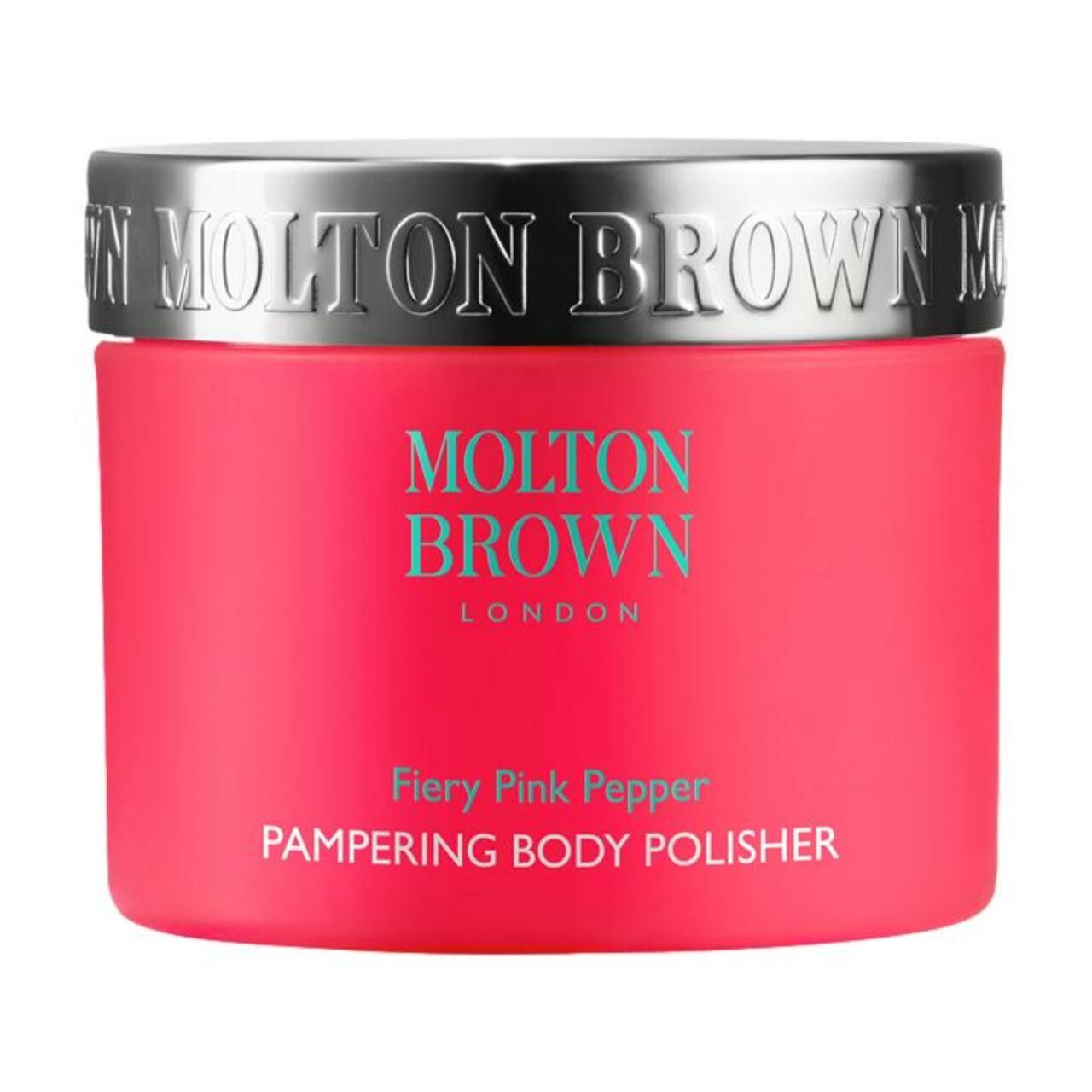 Runder, pinkfarbener Tiegel mit silbernem Deckel. Aufschrift: Molton Brown, Fiery Pink Pepper, Pampering Body Polisher.