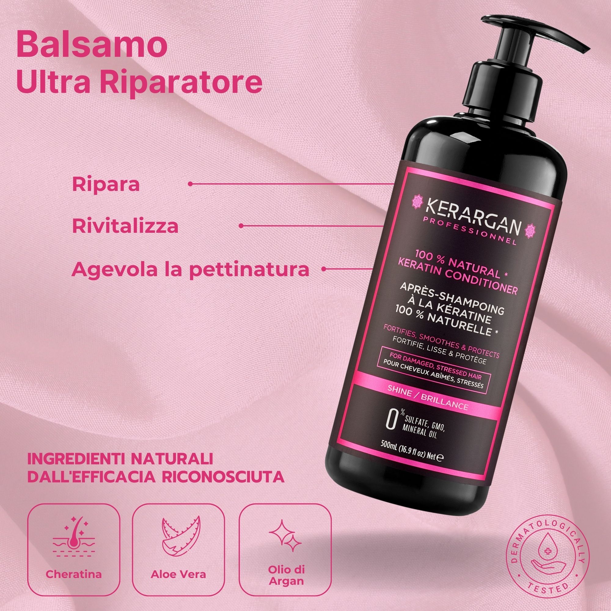 Kit completo Kerargan con 6 prodotti. Flaconi e vasetti neri con etichette rosa. Contiene shampoo, balsamo, maschera, siero.