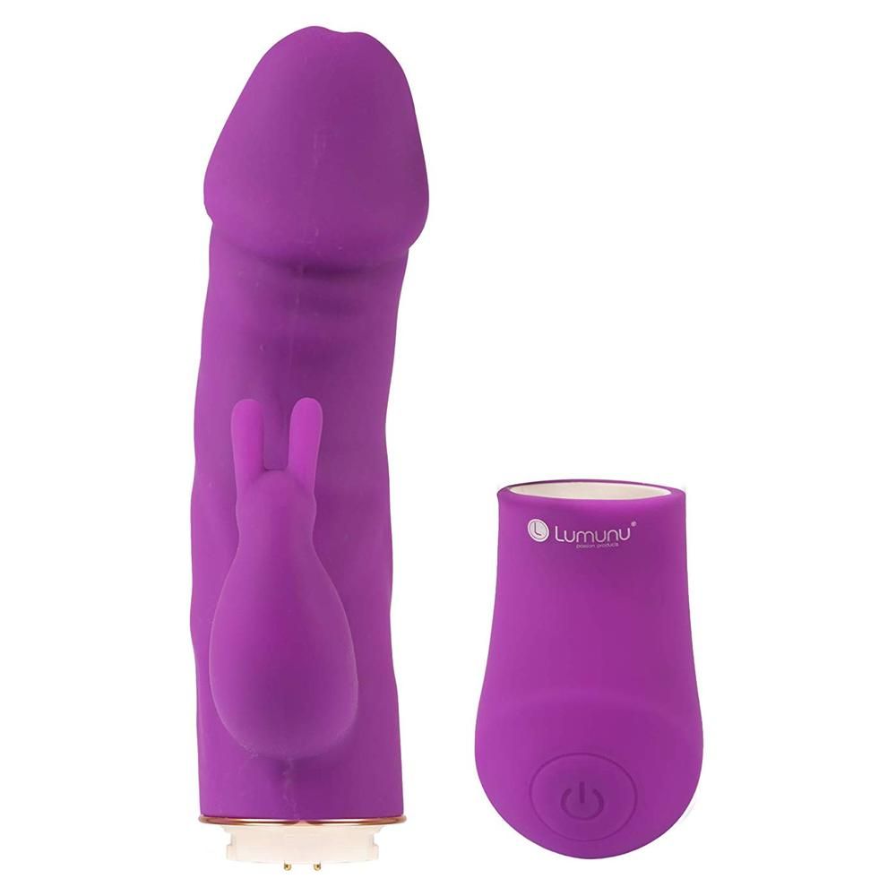 Zwei violette Vibratoren. Einer in Penisform mit Hasenohren, der andere mit dem Markennamen Lumunu.