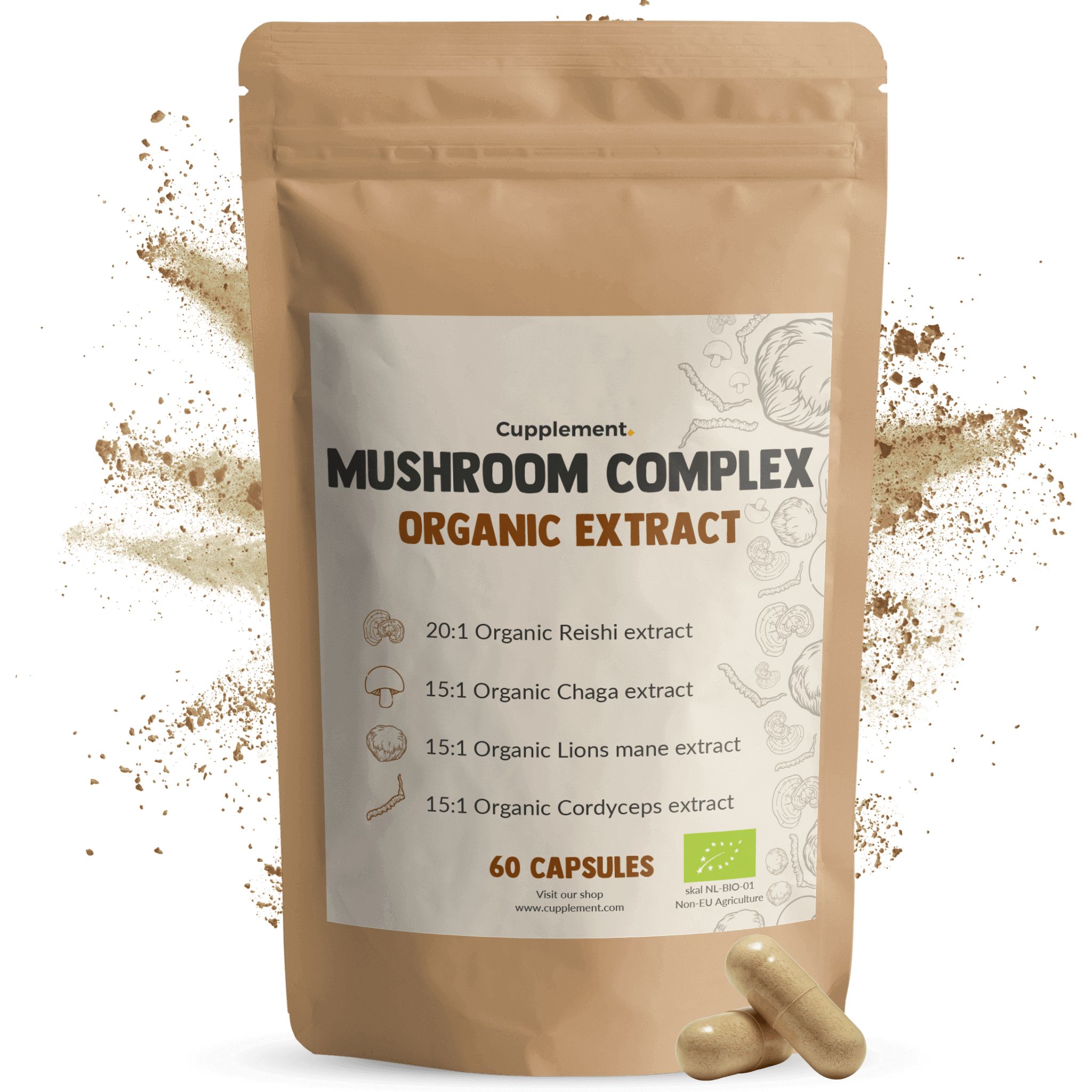 Beutel mit Kapseln. Aufschrift: MUSHROOM COMPLEX ORGANIC EXTRACT. 60 Kapseln. Mit Bio-Siegel.