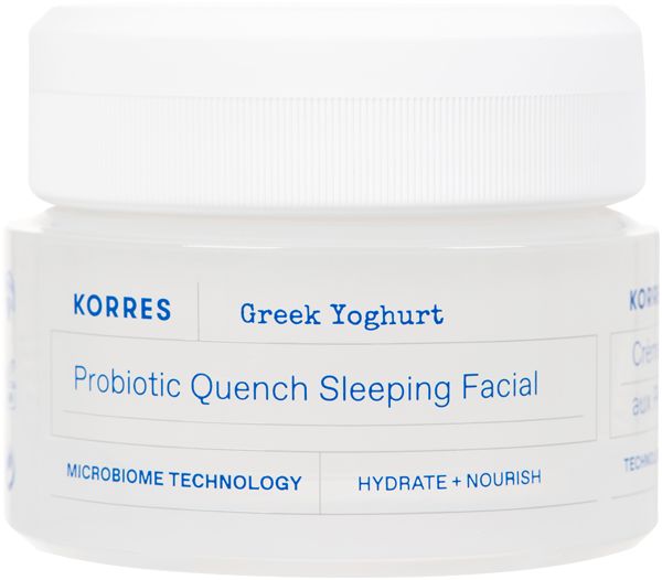 Weißes Tiegel mit Deckel. Aufschrift: Probiotic Quench Sleeping Facial. Marke: KORRES. Volumenangabe.