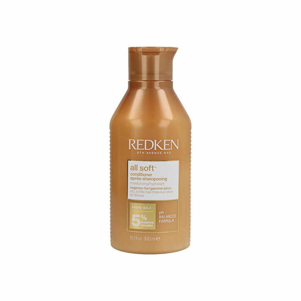 Orangefarbene Flasche Redken All Soft Conditioner. Aufschrift: All Soft, Conditioner, pH Balanced Formula. Flasche mit Ausgießer.