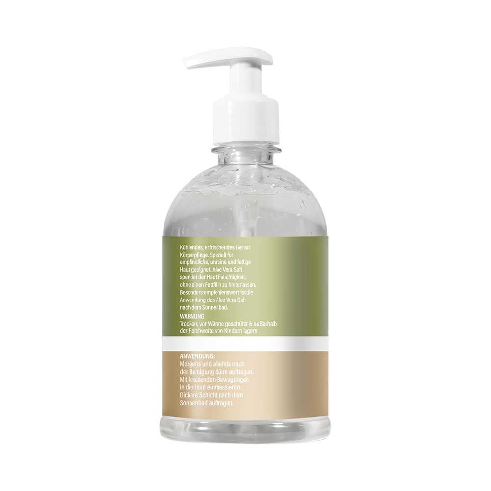 Rückseite der Enolenia® Aloe Vera Gel Flasche mit Anwendungshinweisen und Warnhinweisen.
