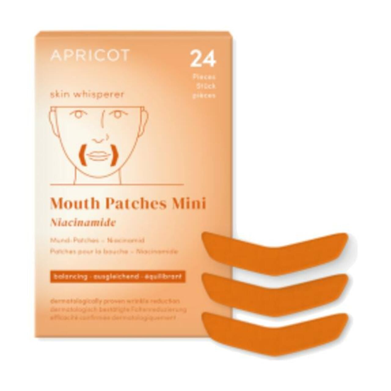 Orangefarbene Mund-Patches und Verpackung. Aufschrift: APRICOT, Mouth Patches Mini, Niacinamid. 24 Stück.
