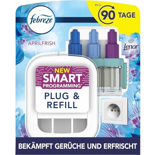 Verpackung mit Duftstecker, drei Nachfüllungen und Steckdose. Text: Febreze, Lenor Aprilfrisch, 90 Tage, Plug & Refill. Bekämpft Gerüche und erfrischt.
