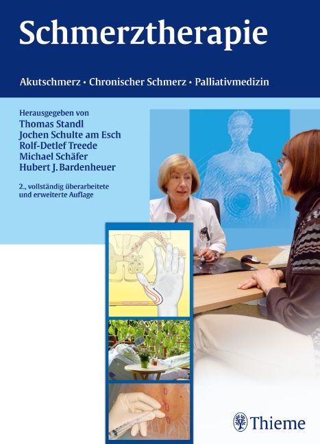 Buchcover mit Titel "Schmerztherapie". Autoren und Verlag Thieme sichtbar. Illustrationen von medizinischen Eingriffen.