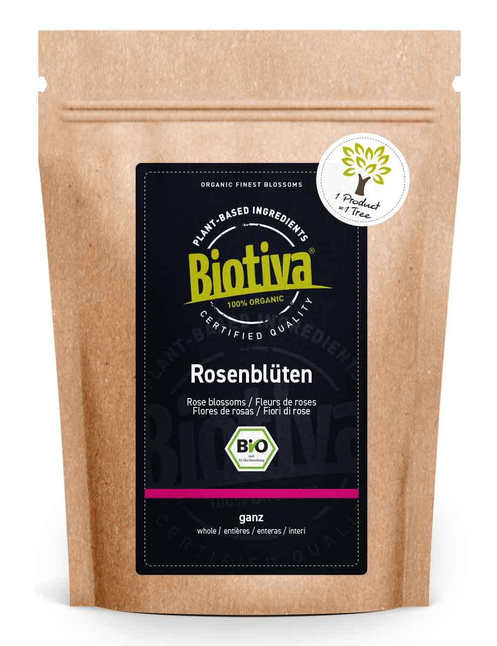Biotiva Rosenblüten ganz Bio in brauner Papierverpackung. Schwarzes Etikett mit Text und Bio-Siegel. Rundes Siegel mit Baum-Logo.