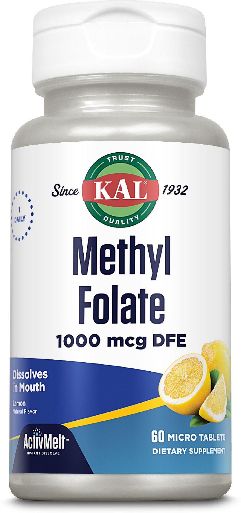 Flasche mit KAL Methyl Folate 1000 mcg DFE ActivMelt Micro Tablets, Zitronengeschmack.