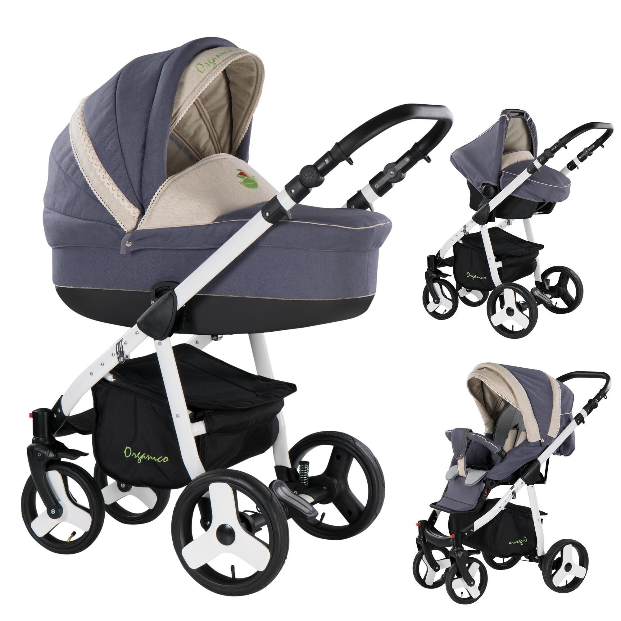 Kinderwagen, grau-weiß, mit schwarzem Korb. Drei Ansichten: Liegewanne, Sportwagen, und zusammengeklappt.
