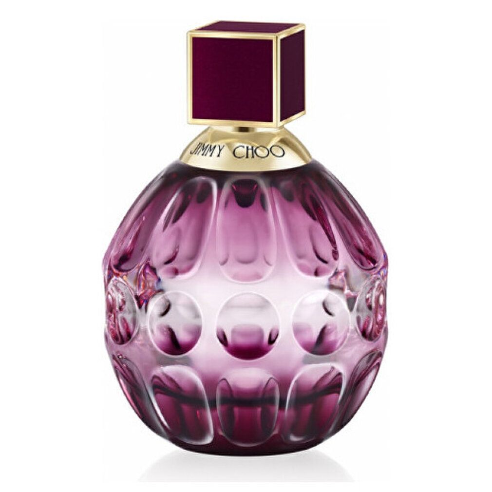 Jimmy Choo Fever Eau de Parfum Flakon mit goldener Halskrause und dunkelrotem Würfelverschluss.