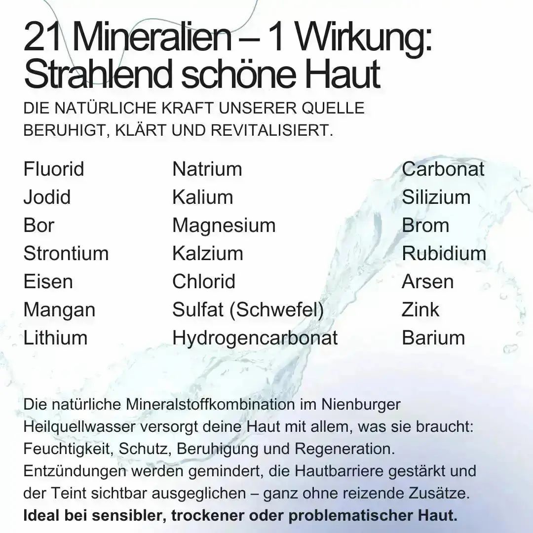 Infografik mit 21 Mineralien. Text: Strahlend schöne Haut, Mineralienliste, Beschreibung.