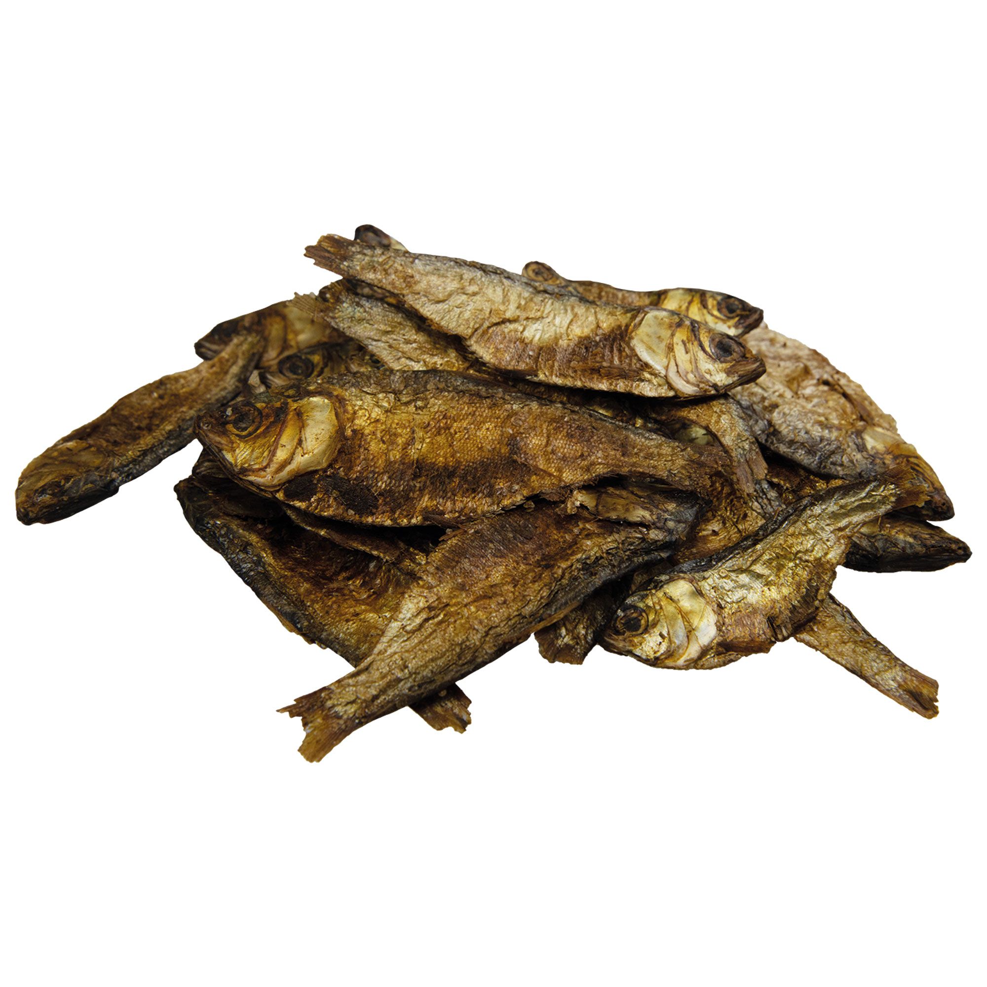 Gebratene Mojarra-Snackfische, braun, in einem Haufen. Fischform deutlich erkennbar, ohne Verpackung.